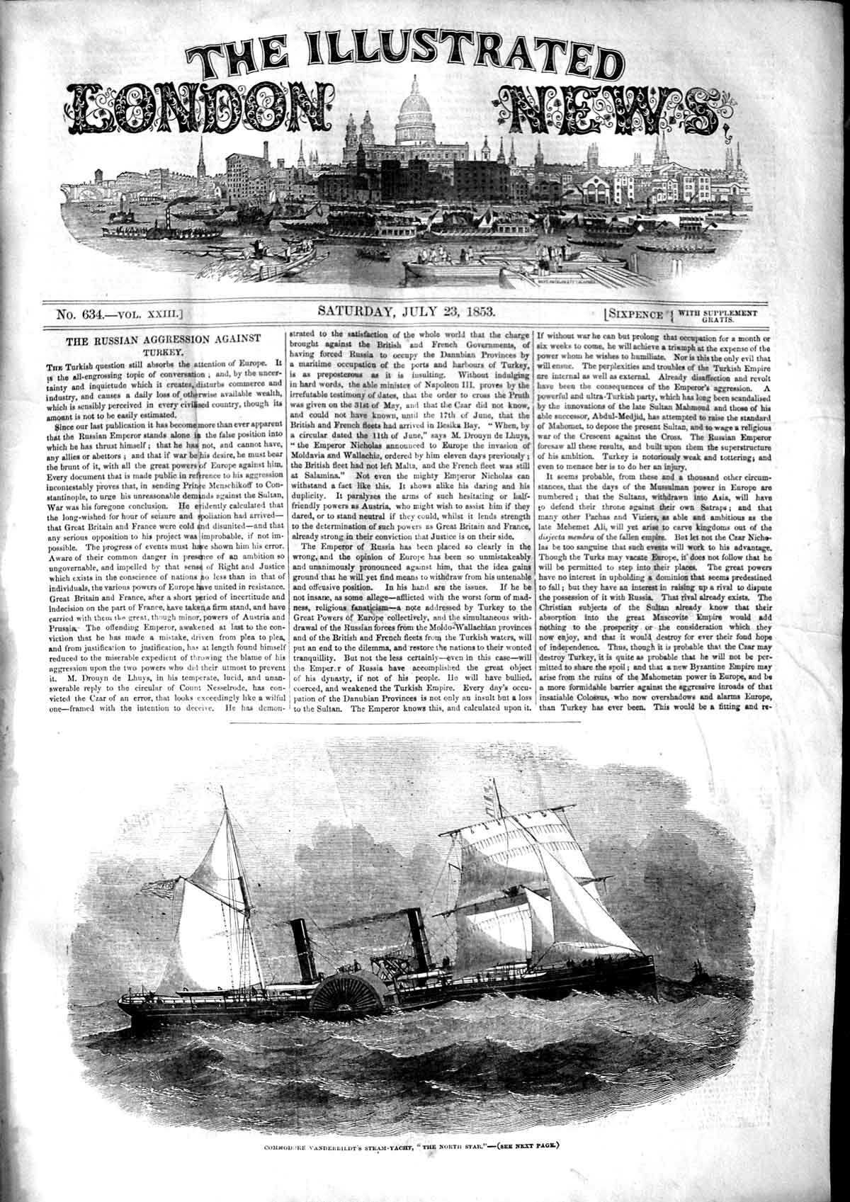 Original Old Antique Print 1853 Commodore Vanderbildt Steam Yacht North Star
