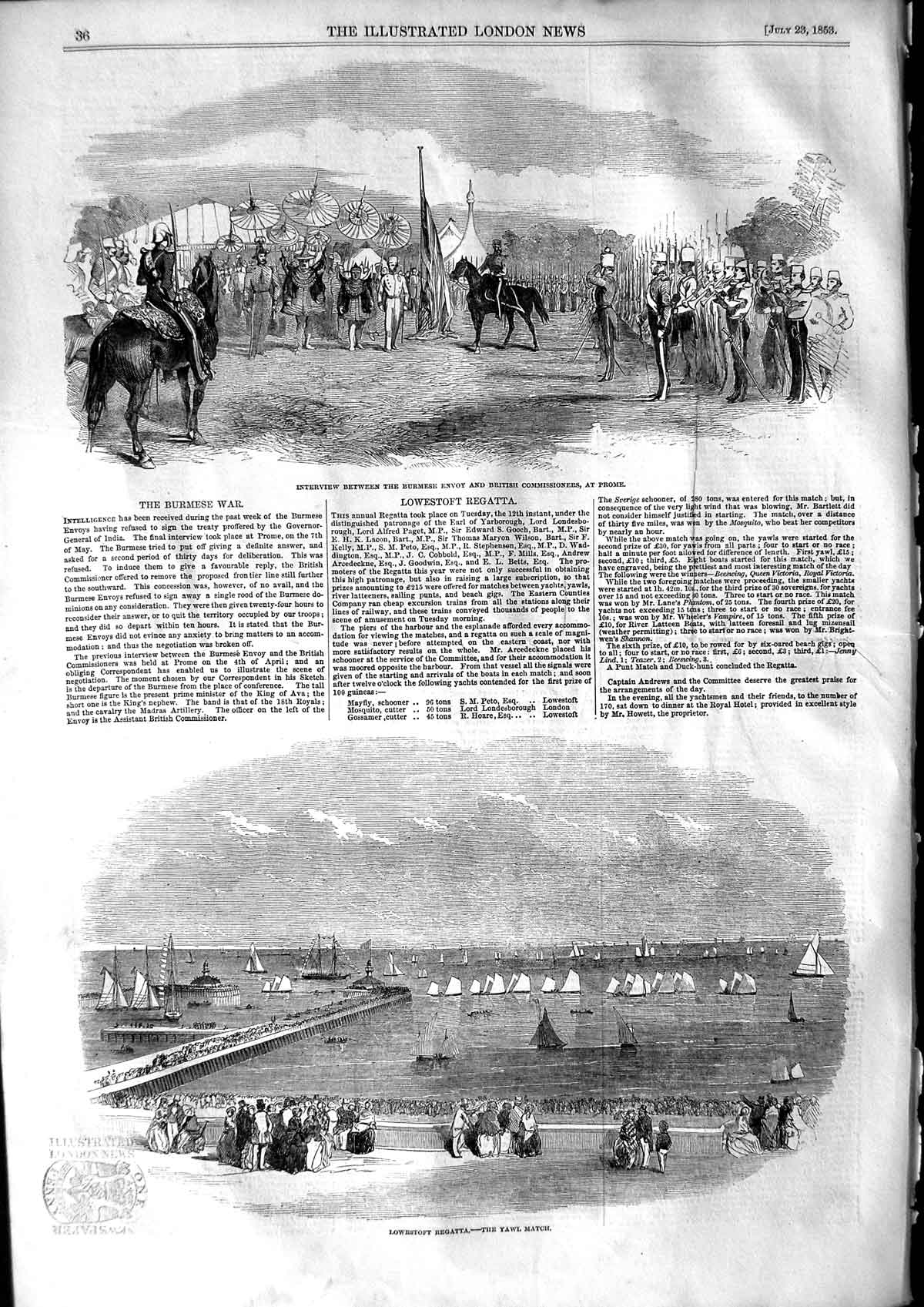 Original Old Antique Print 1853 Lowestoft Regatta Yachts Burmese Envoy Prome