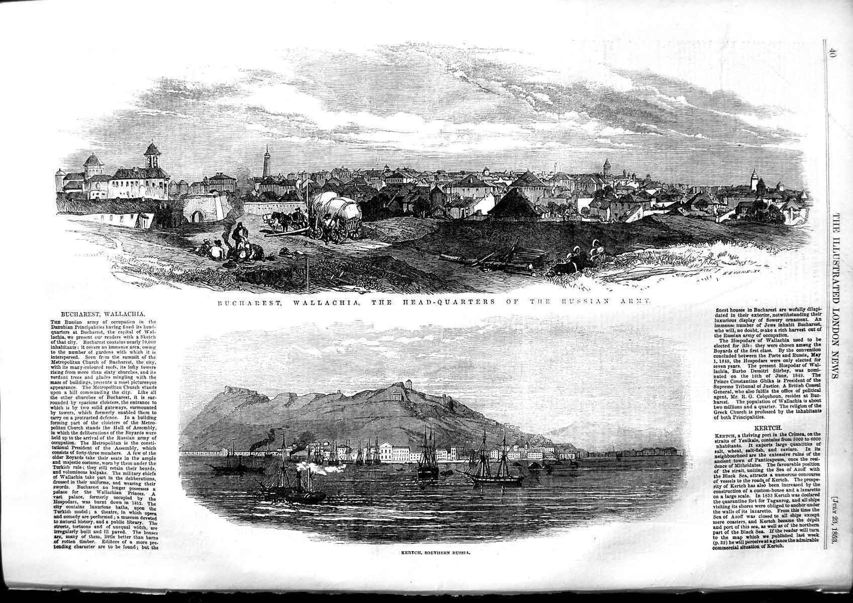 Original Old Antique Print 1853 Bucharest Wallachia Russian Army Kertch Russia