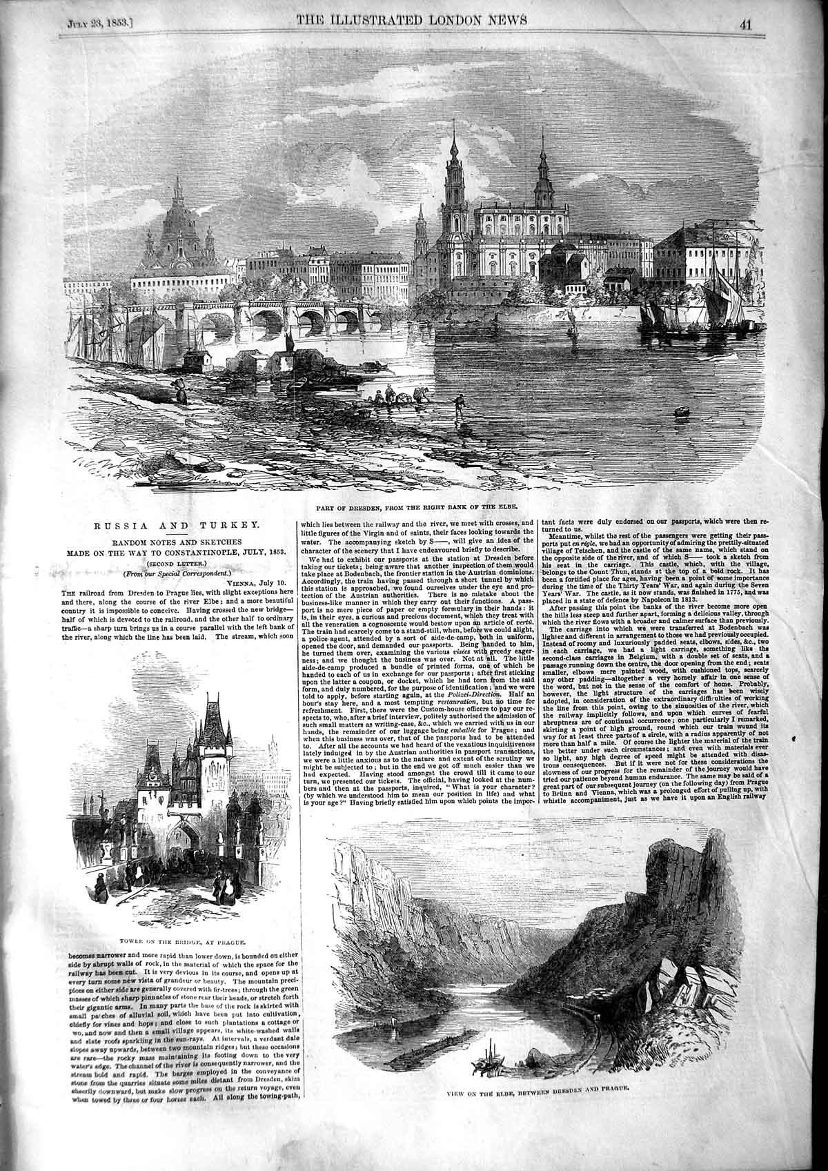 Original Old Antique Print 1853 View River Elbe Dresden Prague Tower Victorian