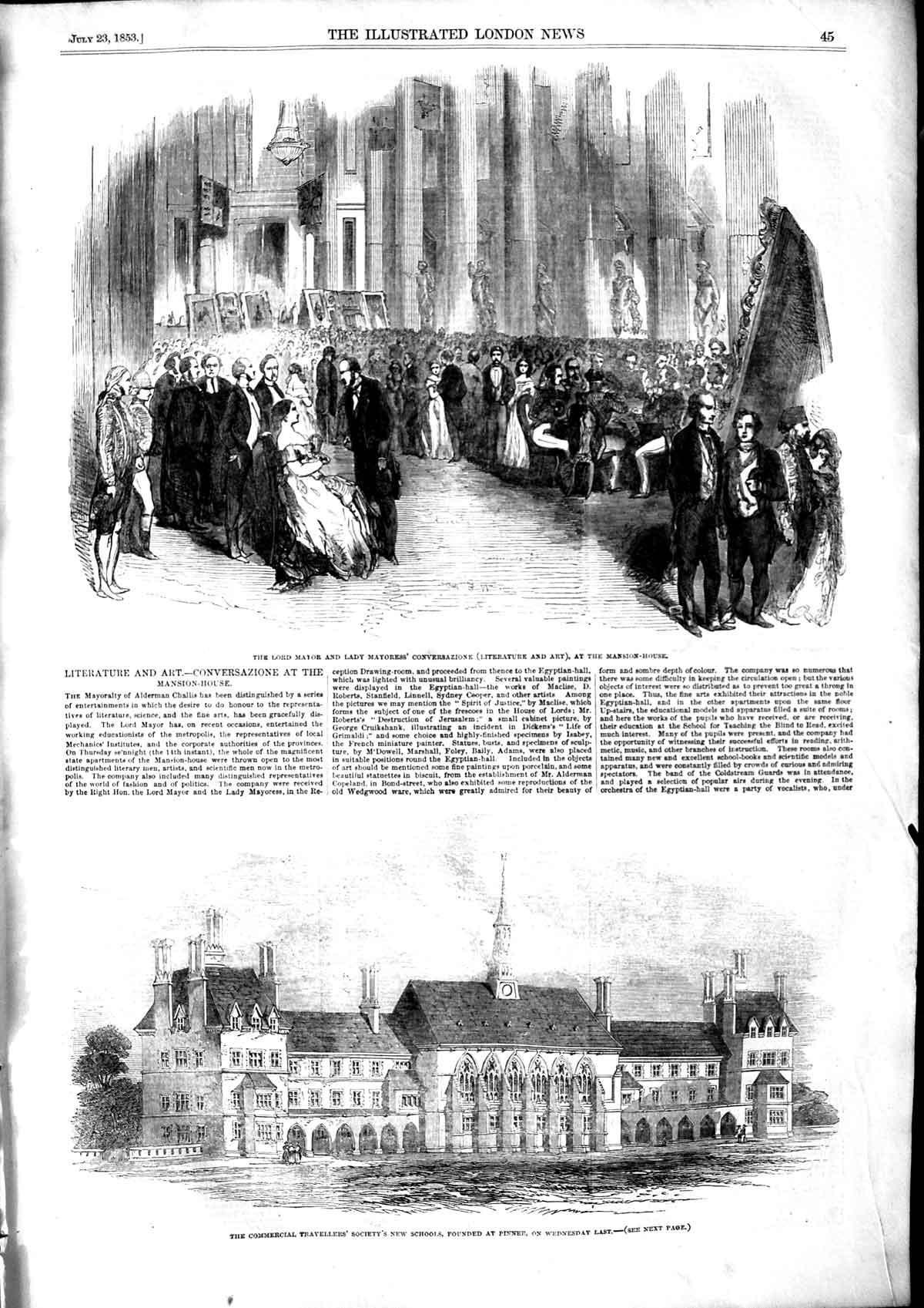 Old Antique Print 1853 Lord Mayor Mansion House Travellers School Pinner 19th