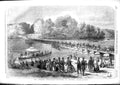 Original Old Antique Print 1853 Chobham Encampment Pontoons Virginia Water 19th