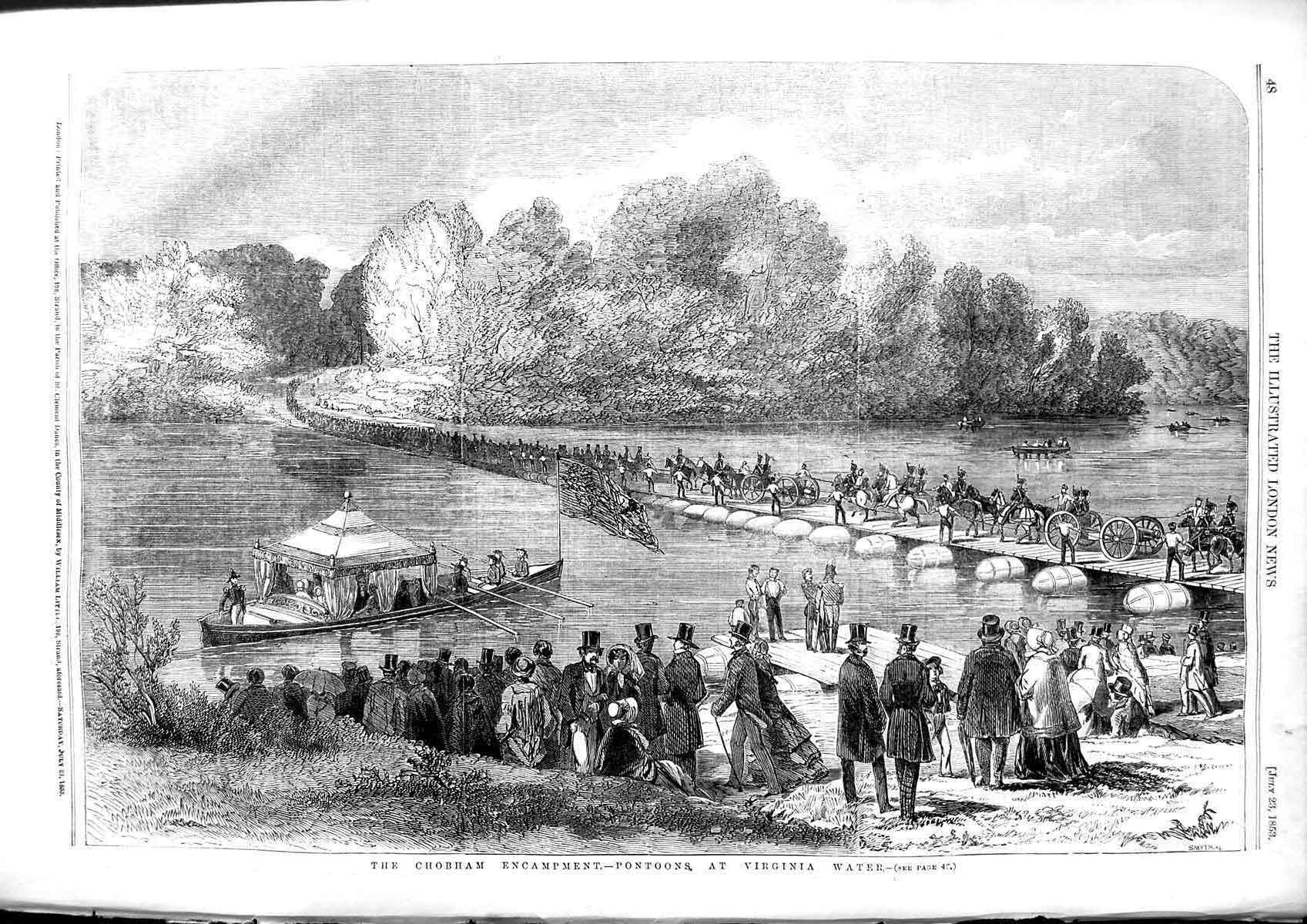 Original Old Antique Print 1853 Chobham Encampment Pontoons Virginia Water 19th