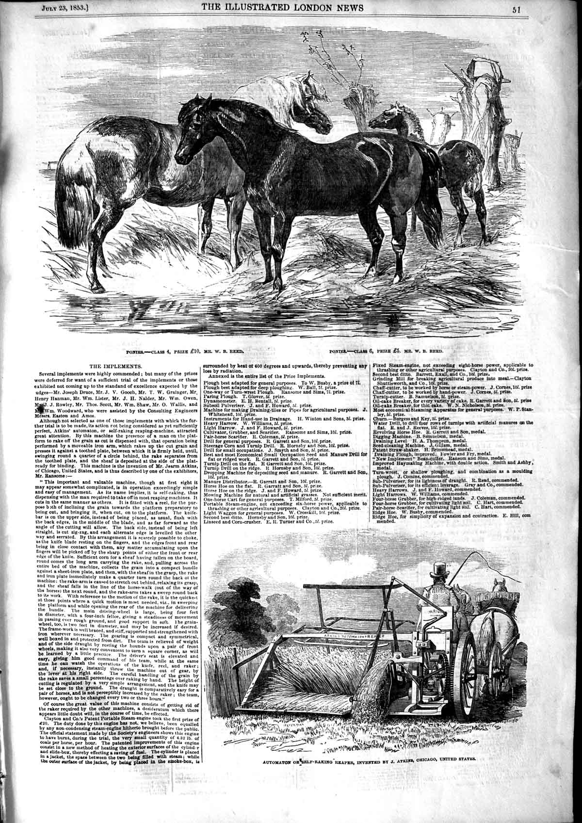 Original Old Antique Print 1853 Ponies Show Agriculture Automaton Reaper Atkins