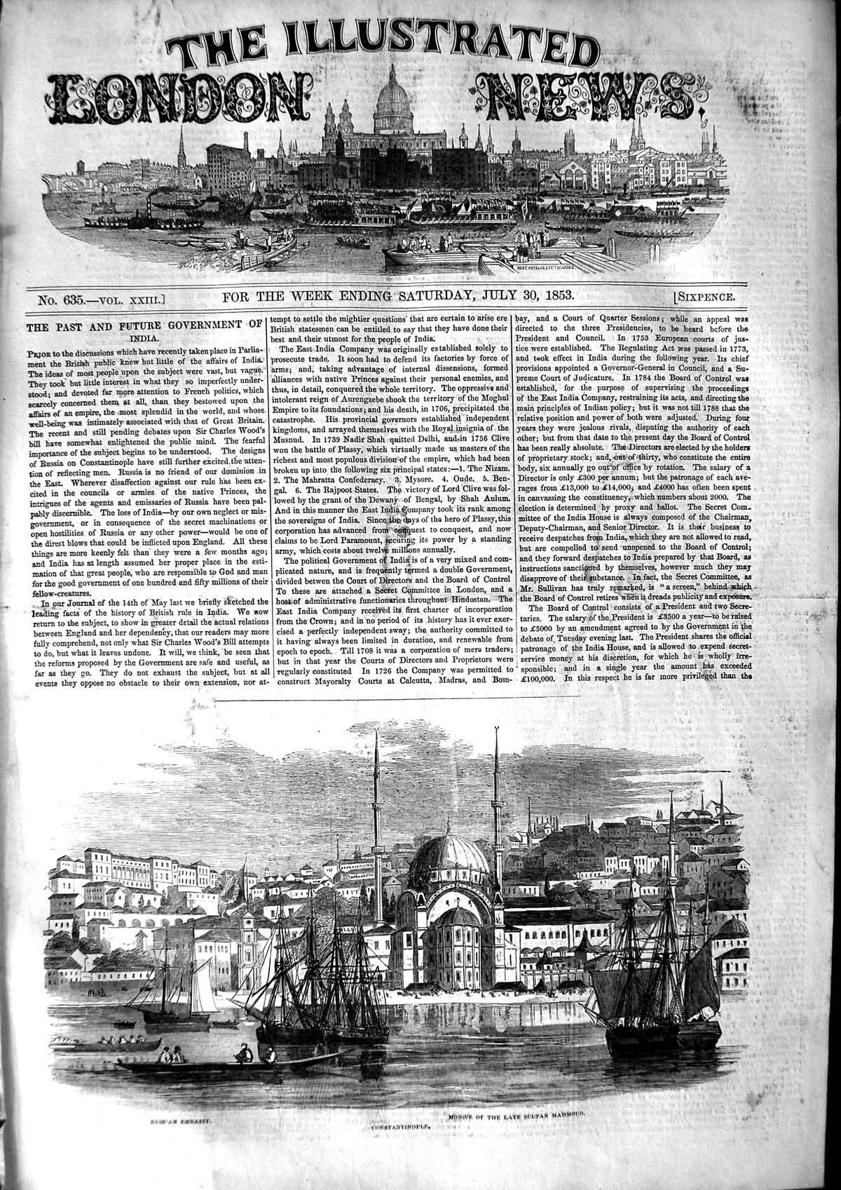 Original Old Antique Print 1853 Constantinople Mosque Sultan Mahmoud Embassy