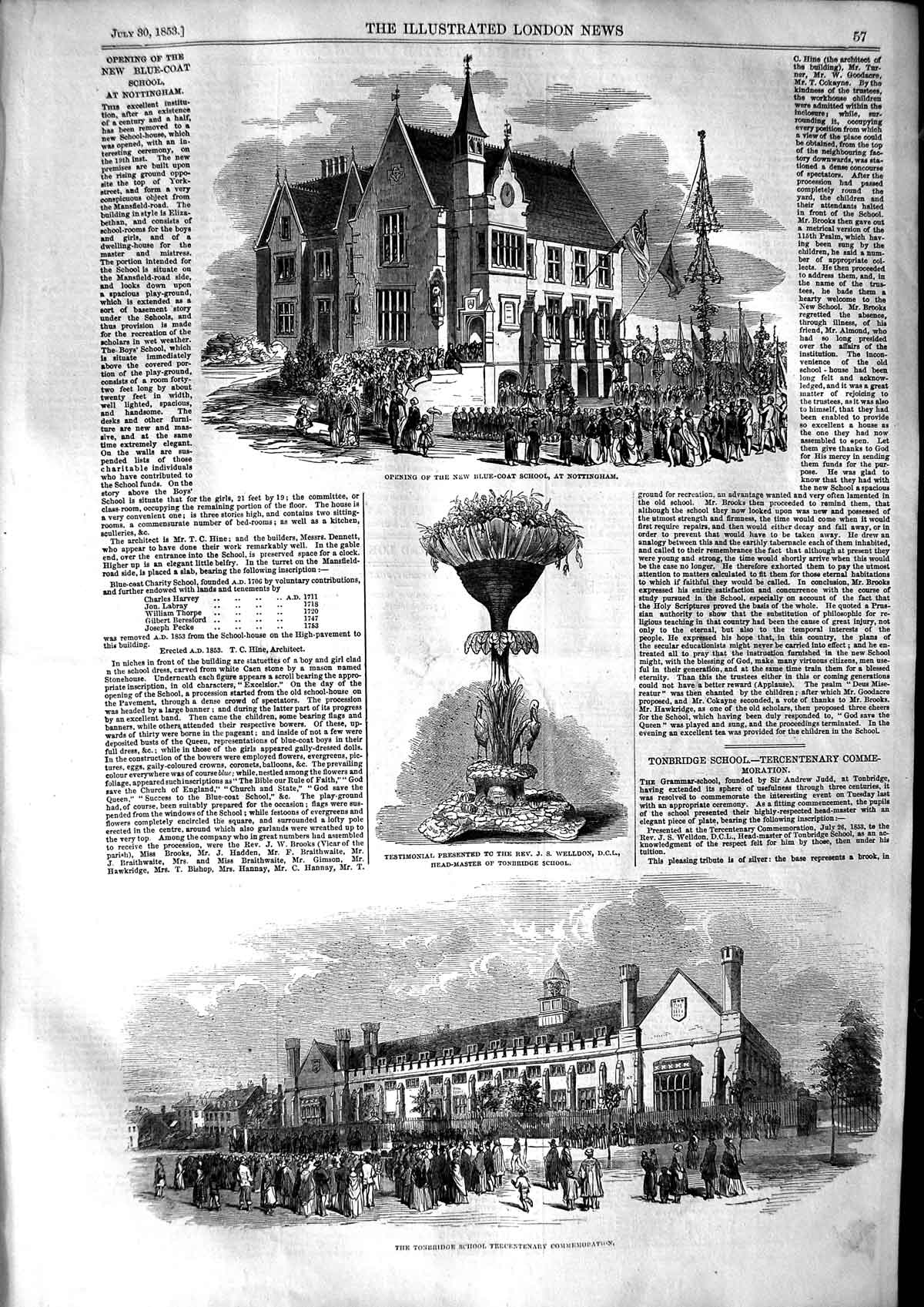 Original Old Antique Print 1853 Blue-Coat School Nottingham Tonbridge Welldon
