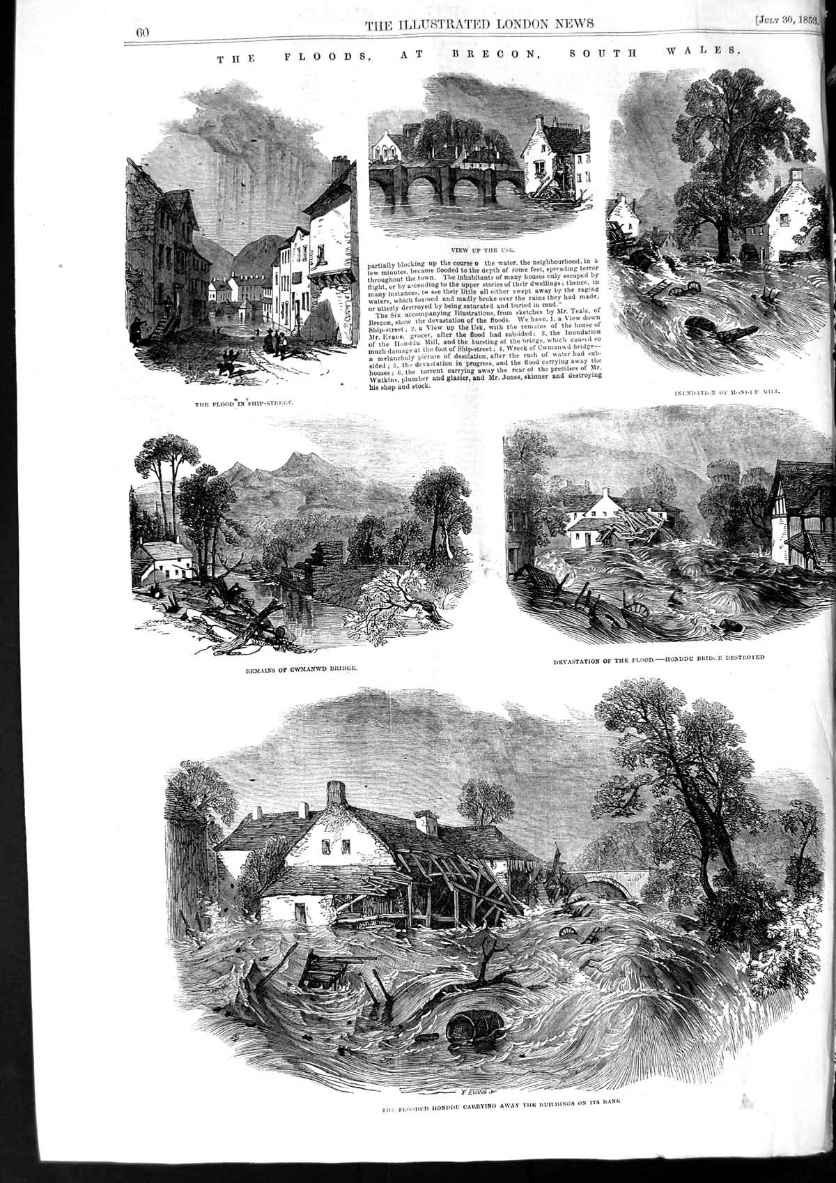 Original Old Antique Print 1853 Floods Brecon Wales Honddu Cwmanwd Us Victorian
