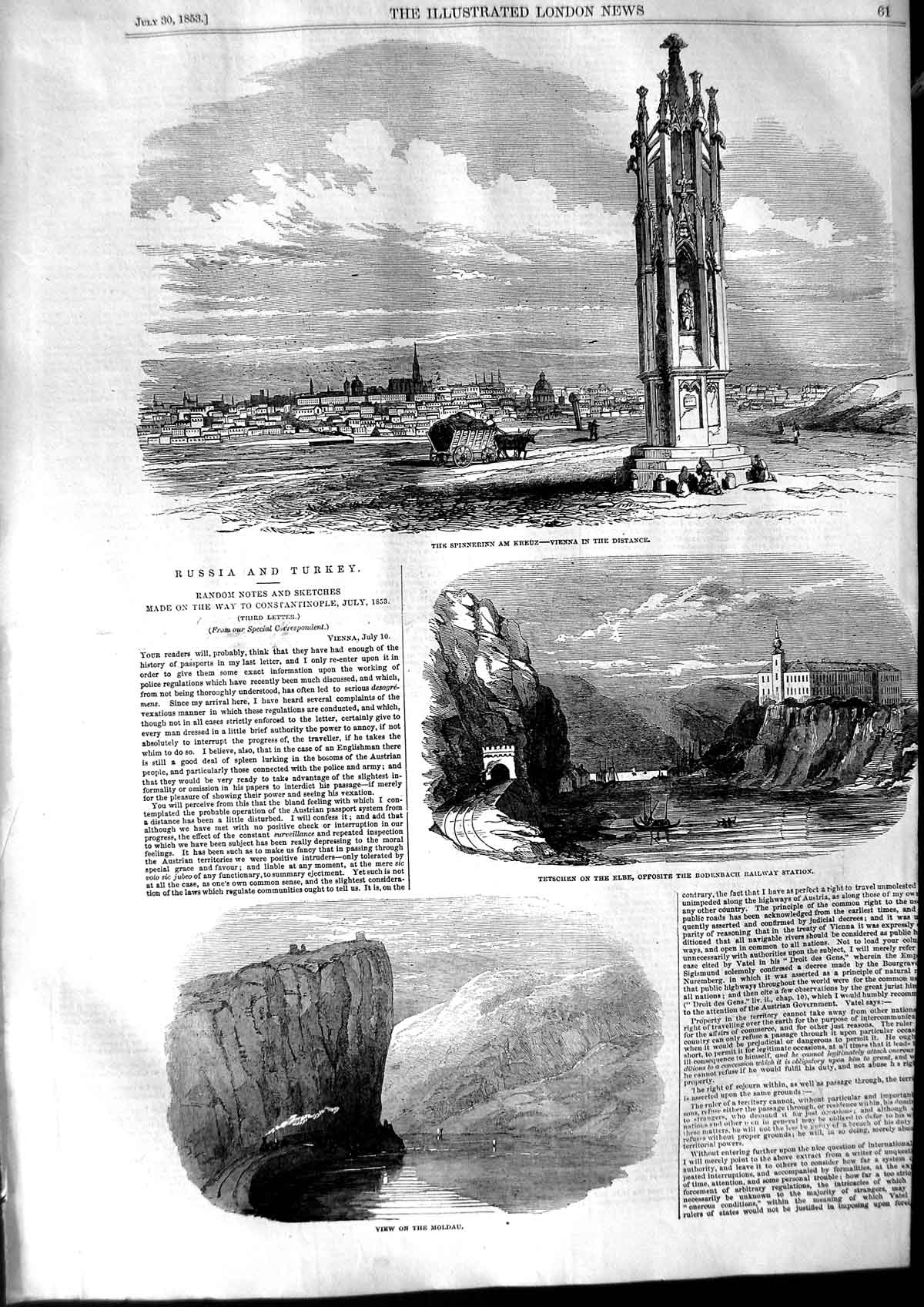 Original Old Antique Print 1853 Spinnerinn Kreuz Vienn Mau Bodenbach Railway