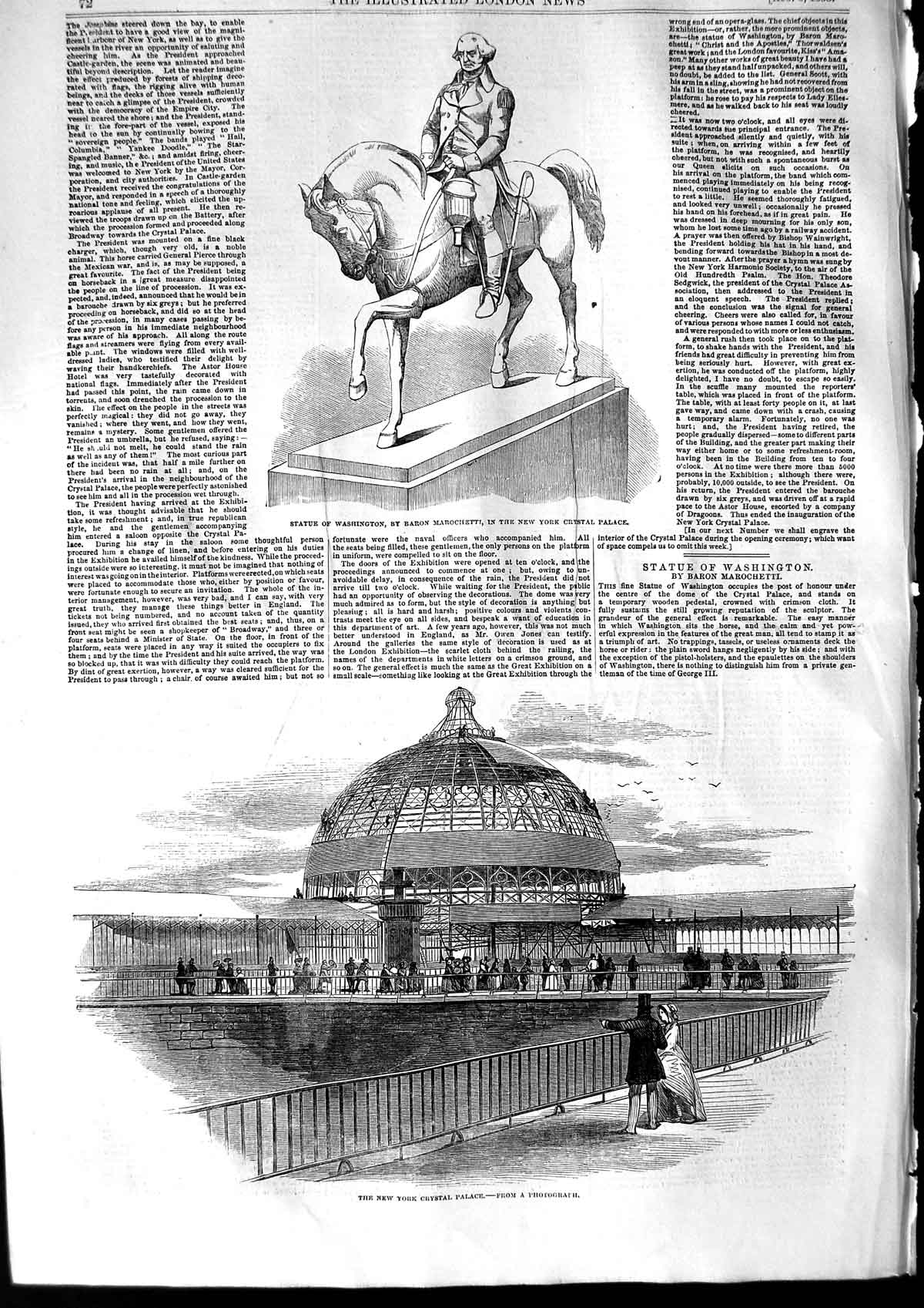 Old Antique Print 1853 Statue Washington New York Crystal Palace Building 19th