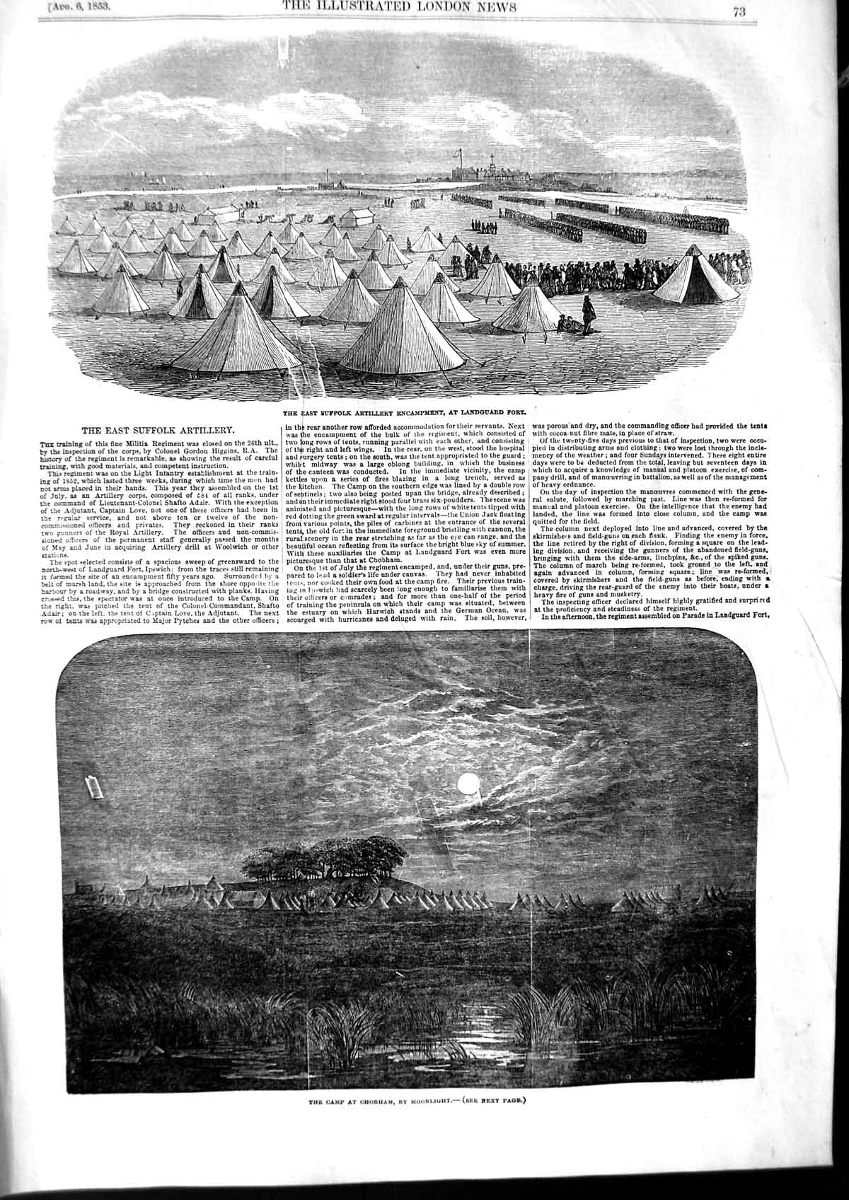 Old Antique Print 1853 Camp Chobham Moonlight Landguard Fort Suffolk Camp 19th