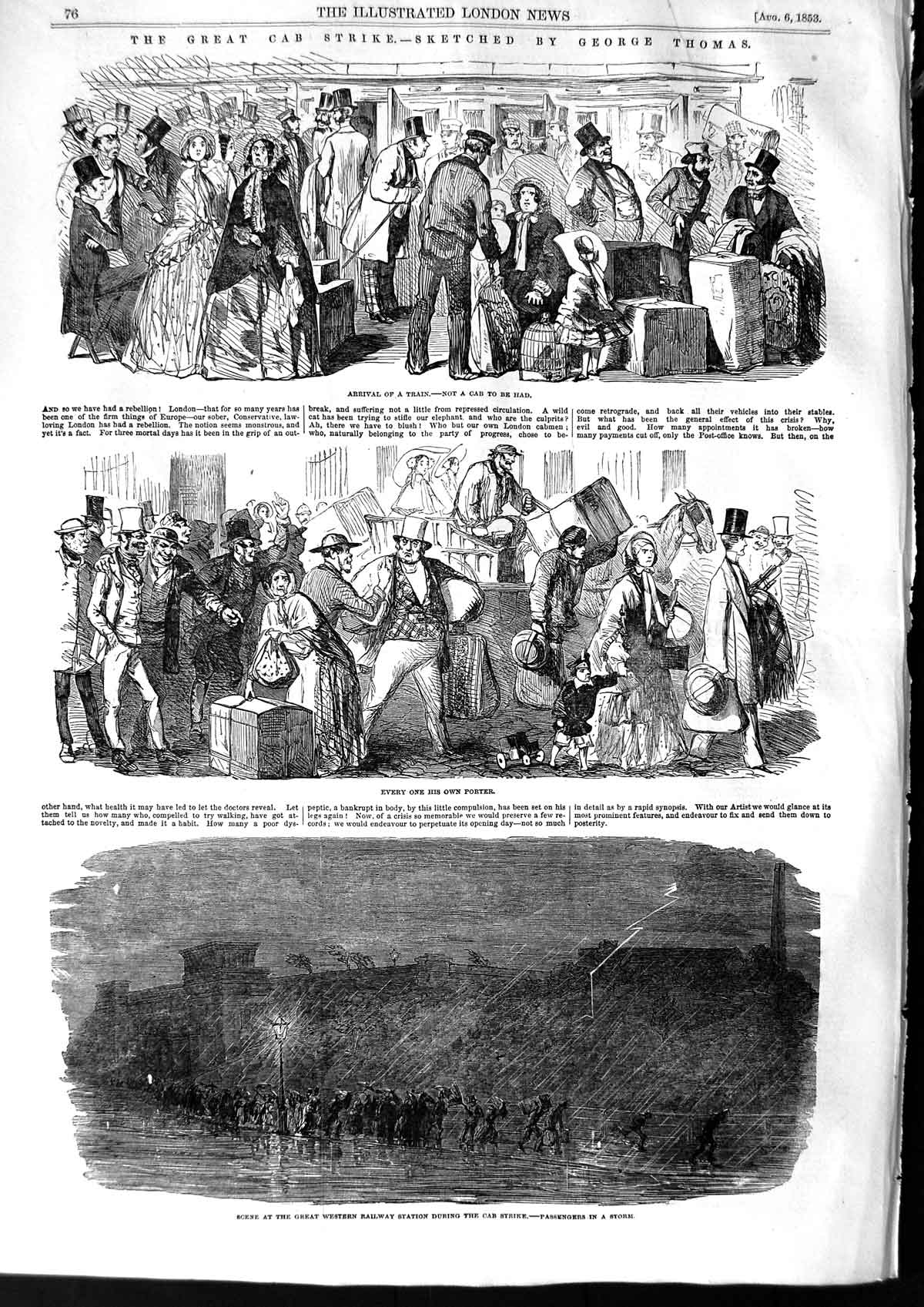 Original Old Antique Print 1853 Great Cab Strike Train Railway Station Om 19th
