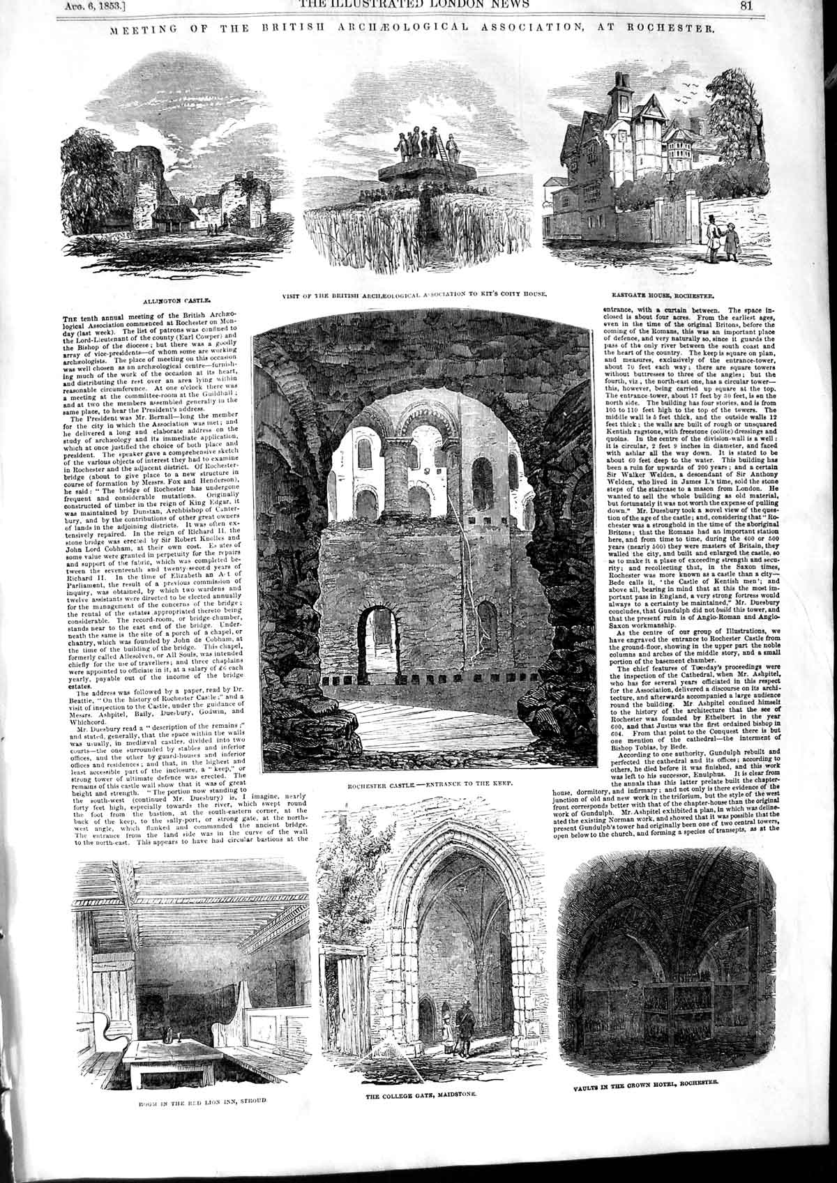 Original Old Antique Print 1853 Rochester Castle Allington Castle Arch Victorian