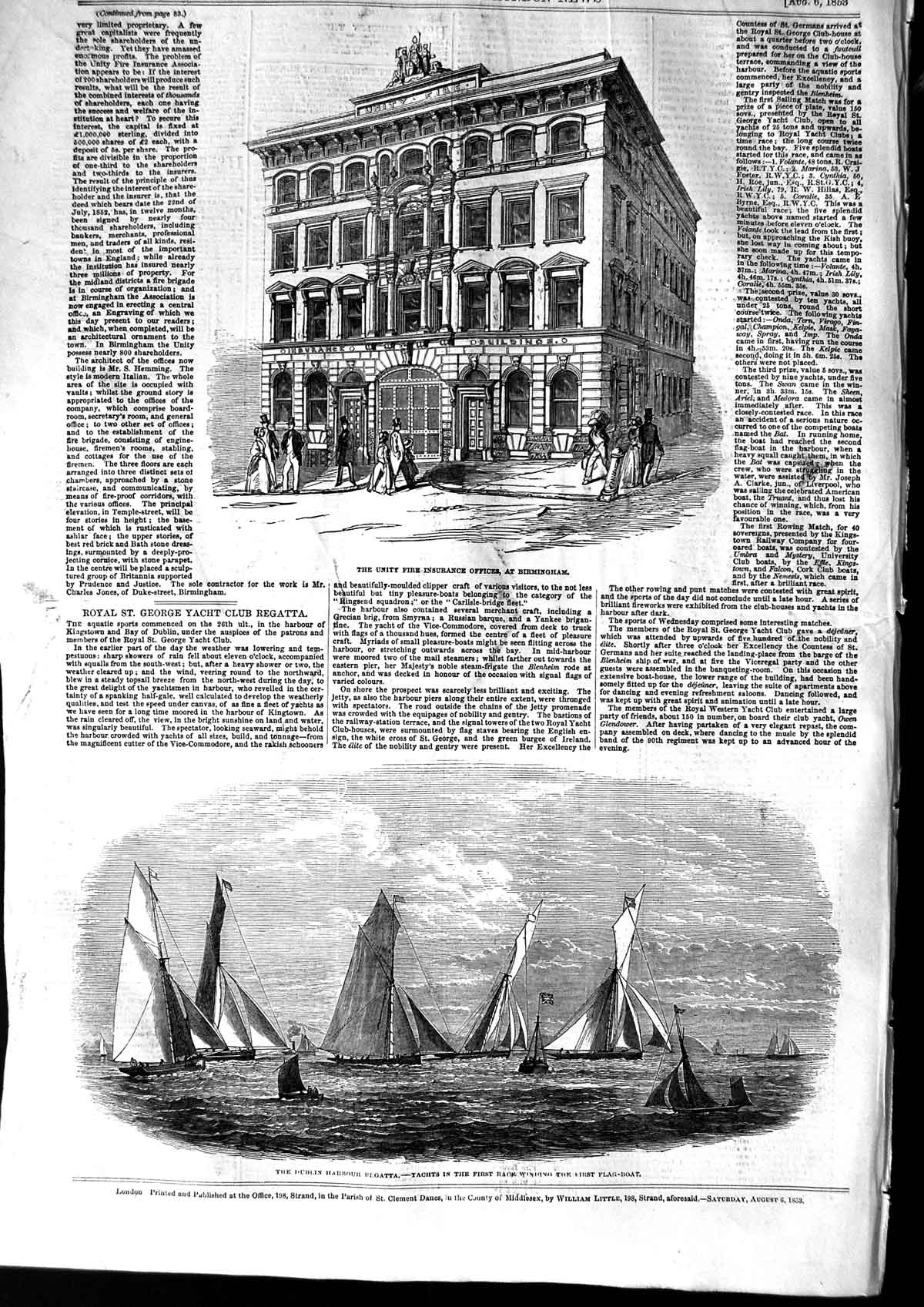 Old Antique Print 1853 Dublin Regatta Yachts Unity Fire Office Birmingham 19th