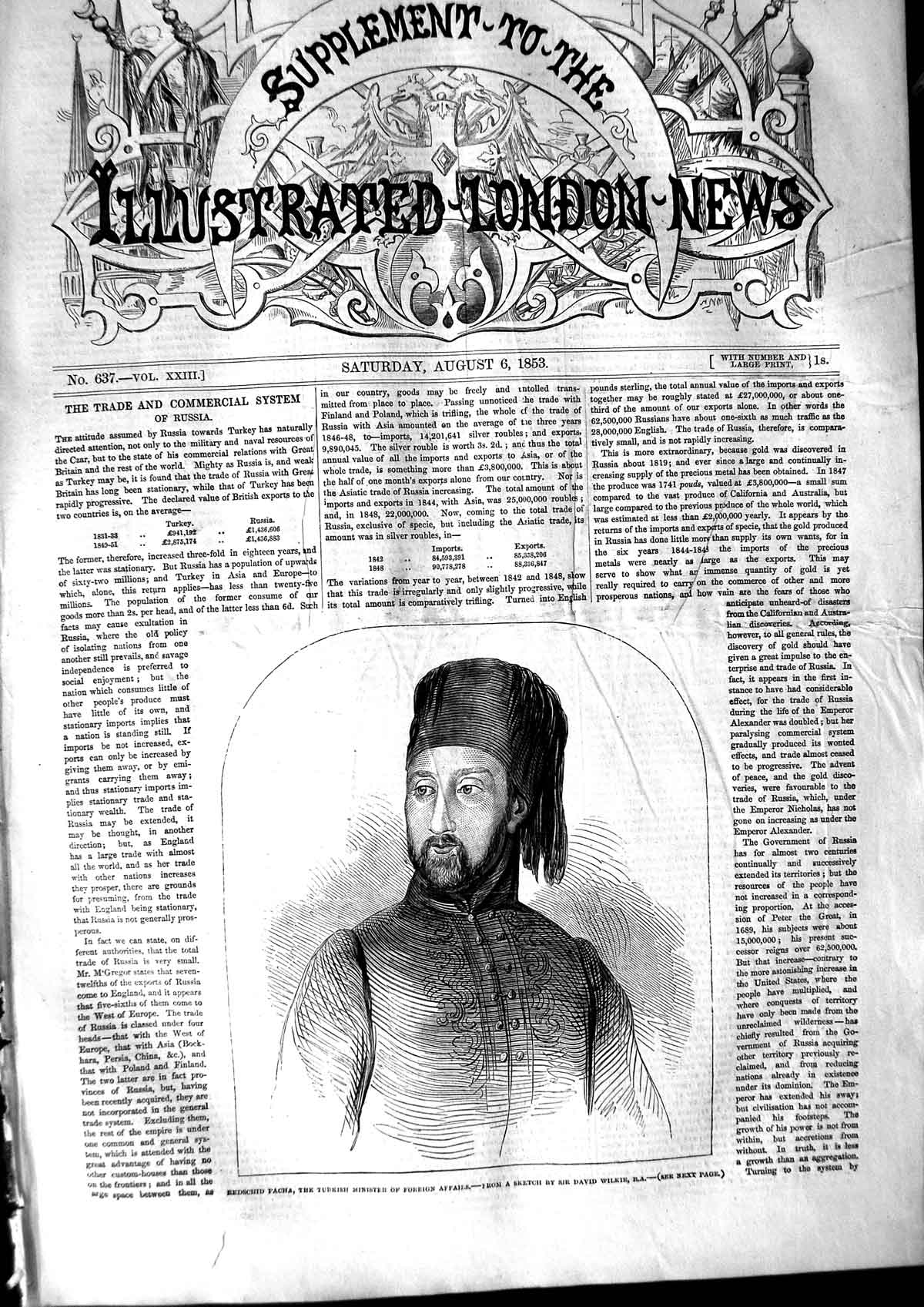 Original Old Antique Print 1853 Redschid Pacha Turkish Minister Foreign Affairs