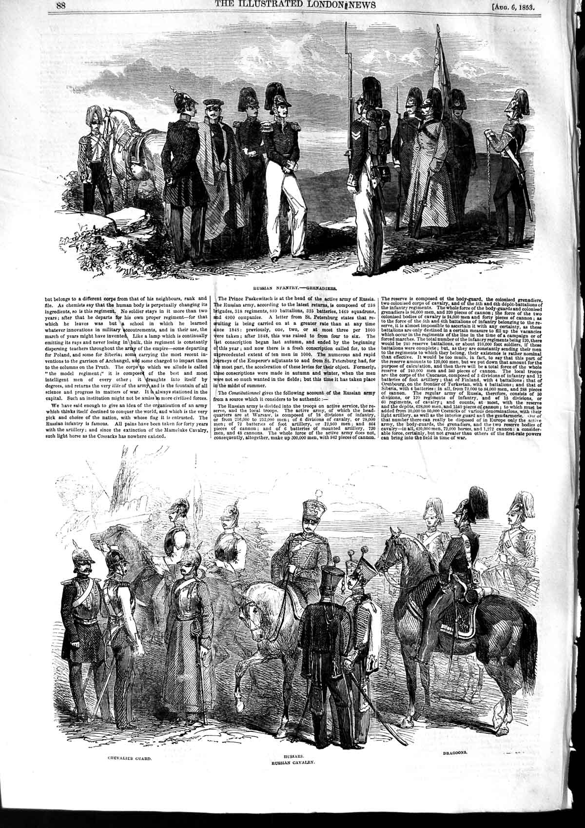 Old Antique Print 1853 Grenadiers Russian Infantry Hussars Dragoons War 19th