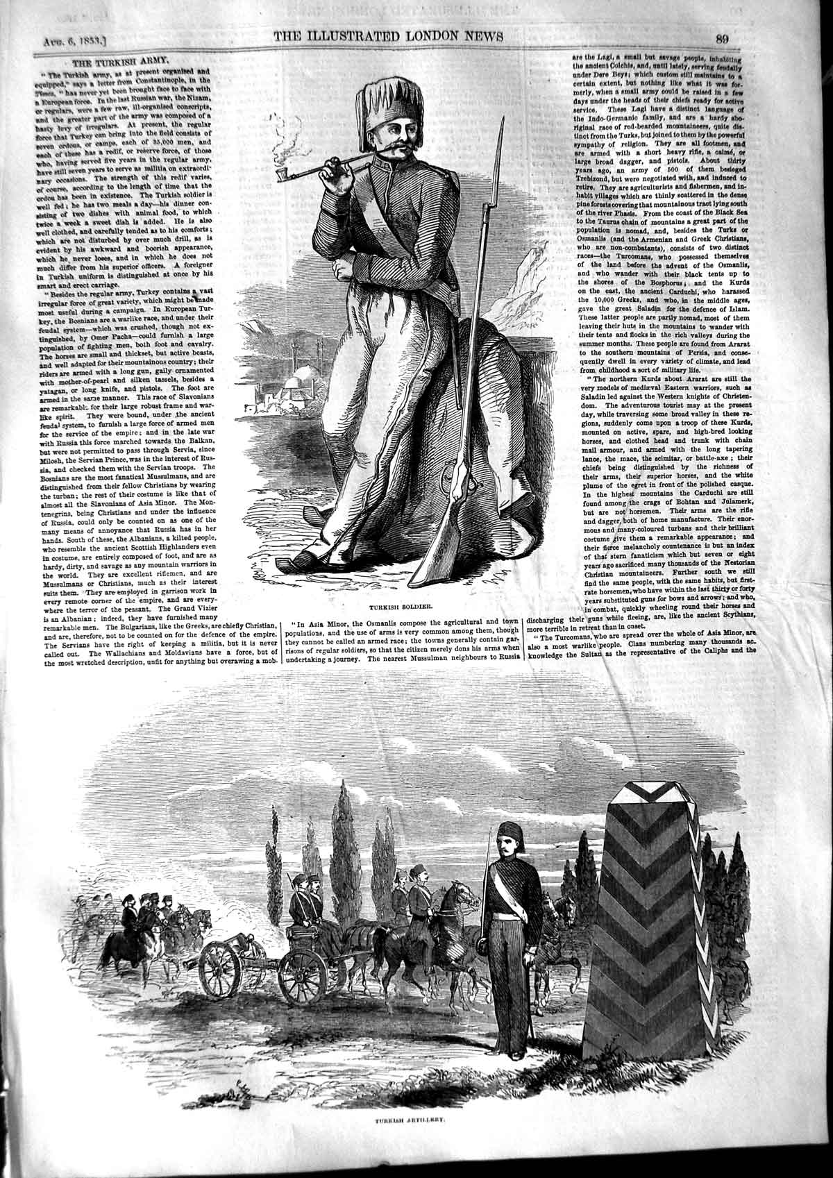 Original Old Antique Print 1853 Turkish Sier Artillery Weapons Horses War Gun