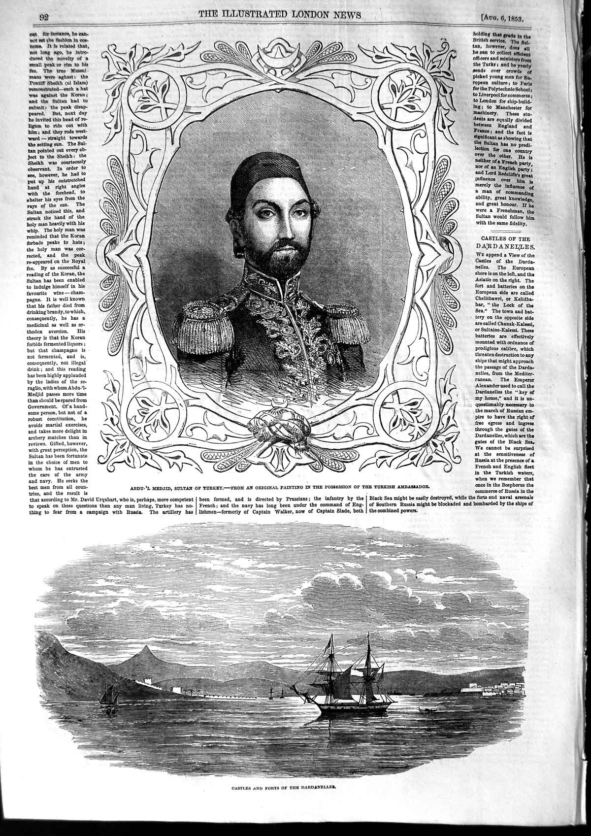 Original Old Antique Print 1853 Castle Forts Dardanelles Ship Abdu'L Medjid 19th