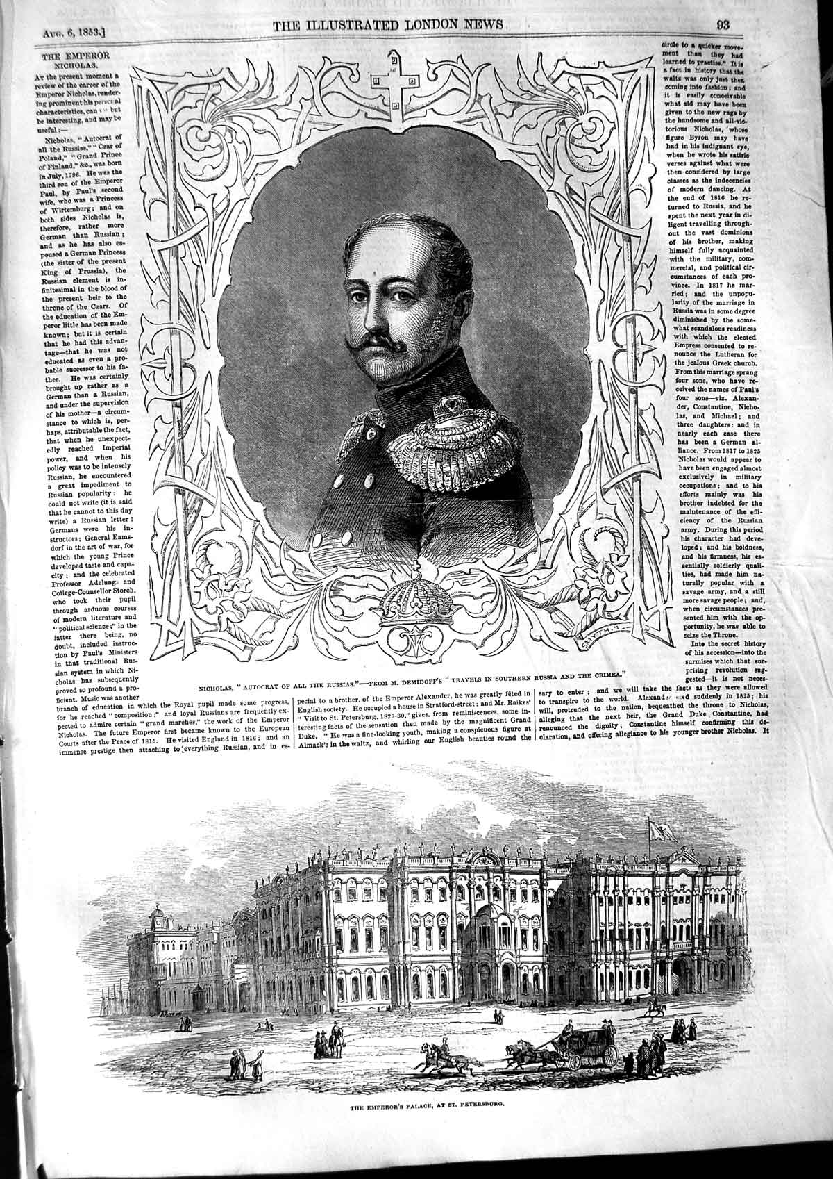 Original Old Antique Print 1853 Emperor Nicholas Russia Palace St. Petersburg