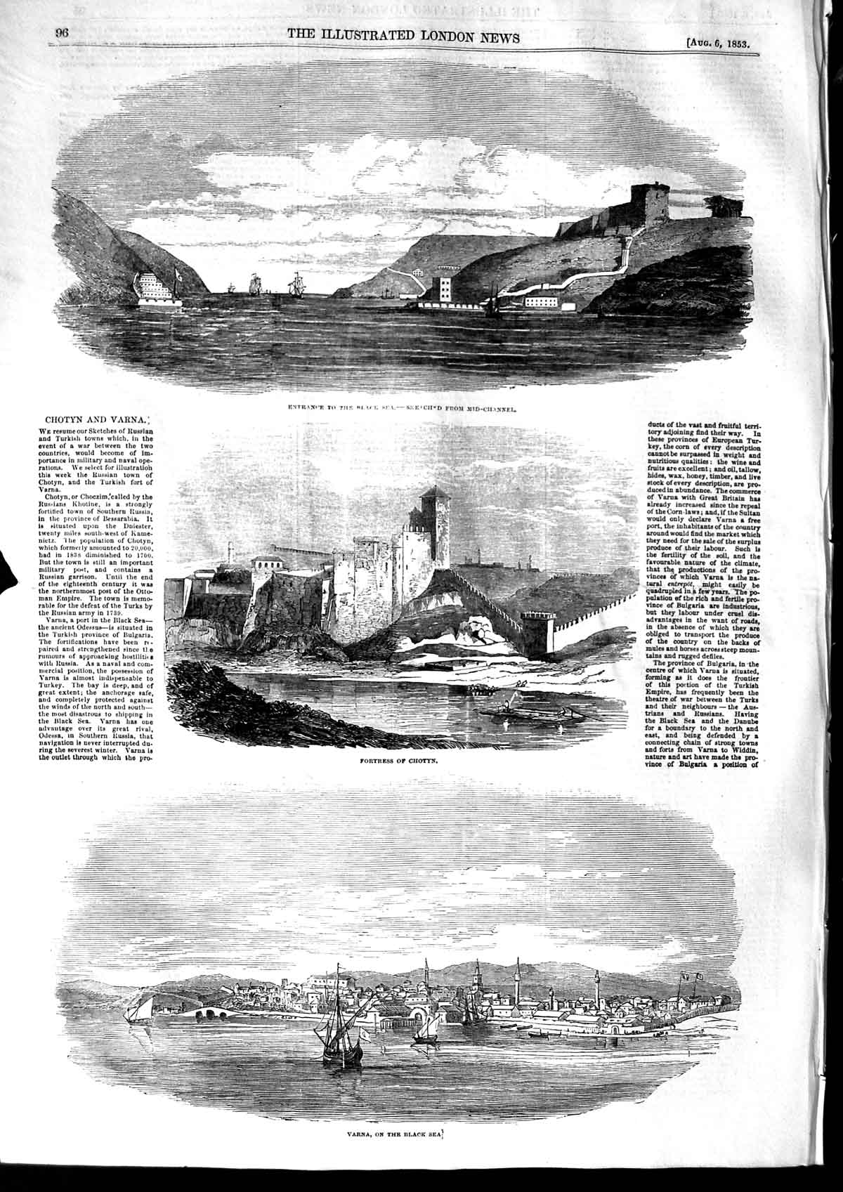 Original Old Antique Print 1853 Fortress Chotyn Varna Black Sea Sh Victorian
