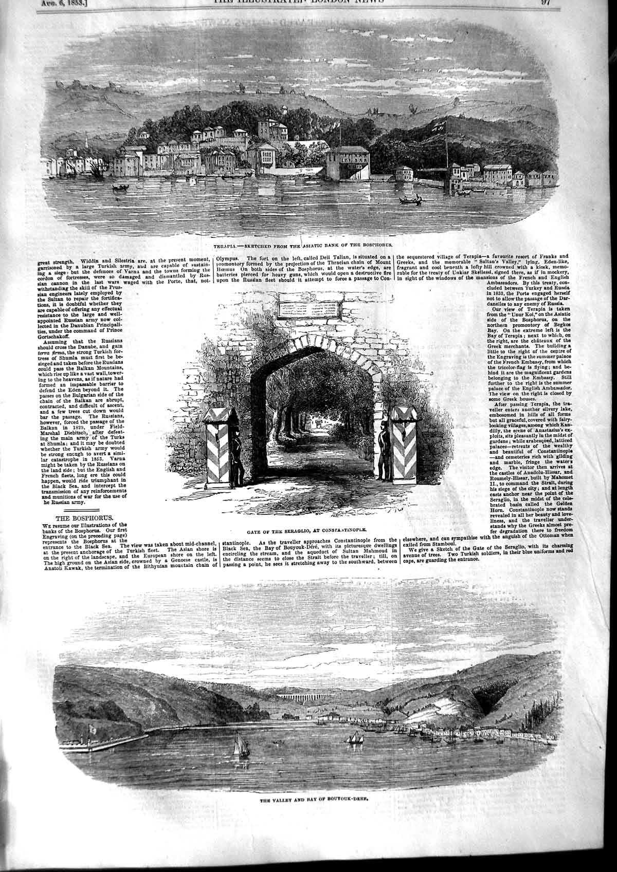 Old Antique Print 1853 Bay Bouyouk-Dere Terapia Bosphorus Constantinople 19th