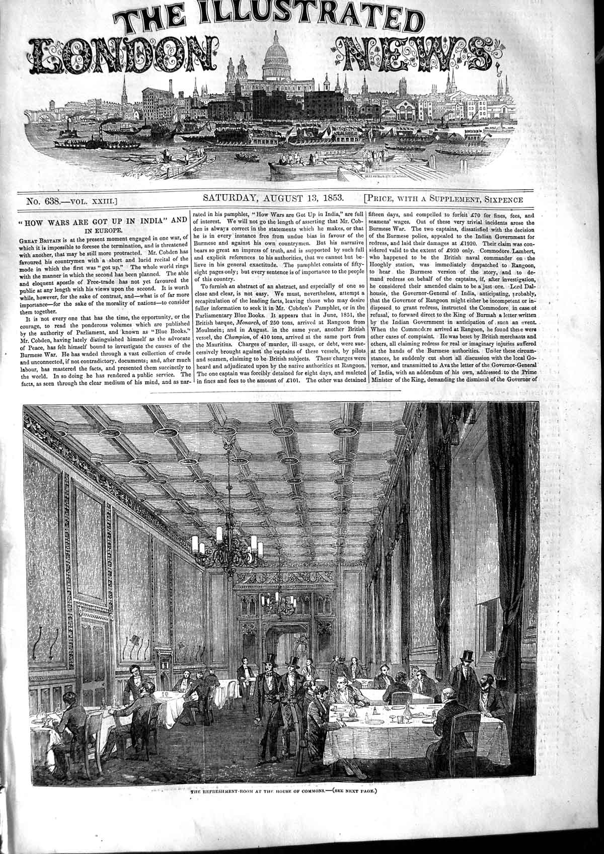 Old Antique Print 1853 Refreshment Room House Commons Parliament London 19th