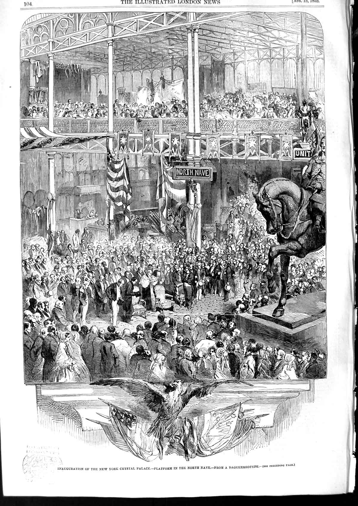 Original Old Antique Print 1853 Inauguration New York Crystal Palace North Nave