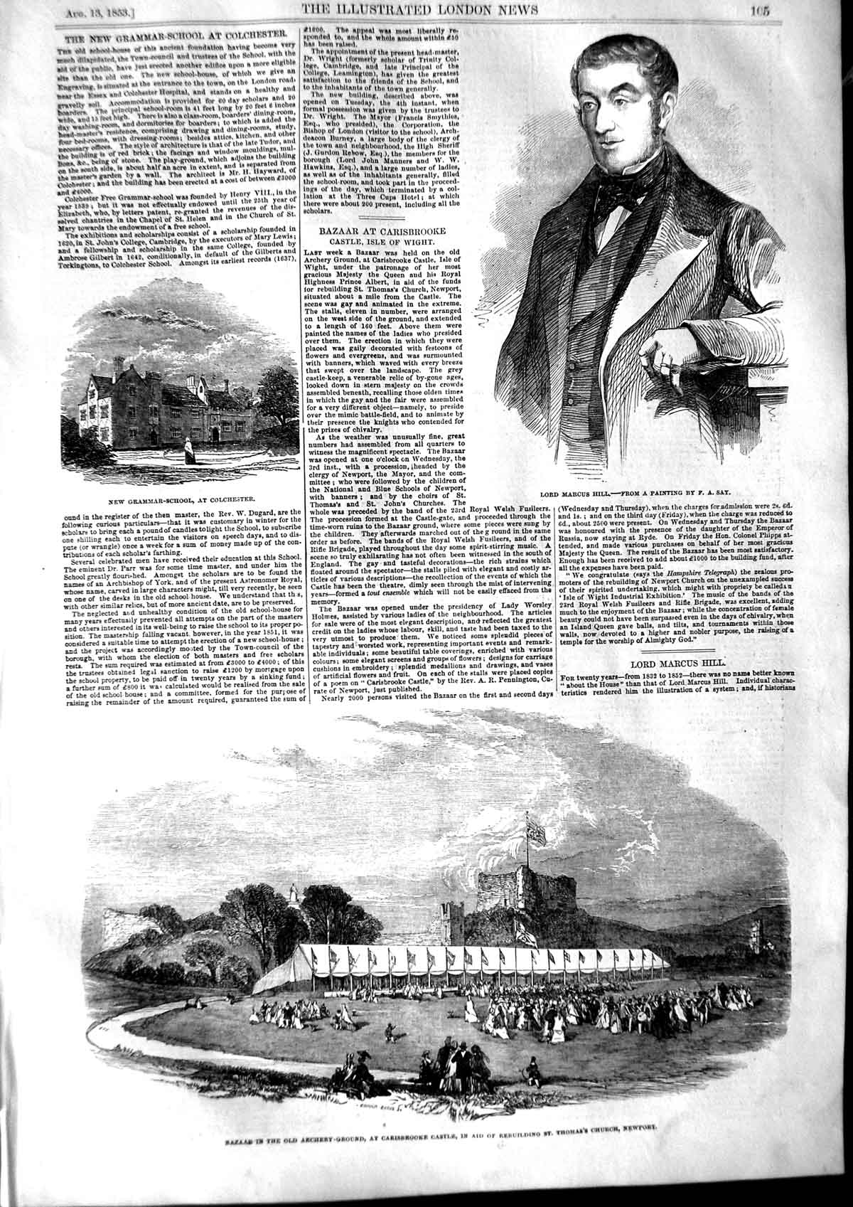 Old Antique Print 1853 Lord Marcus Hill Grammar School Carisbrooke Castle 19th