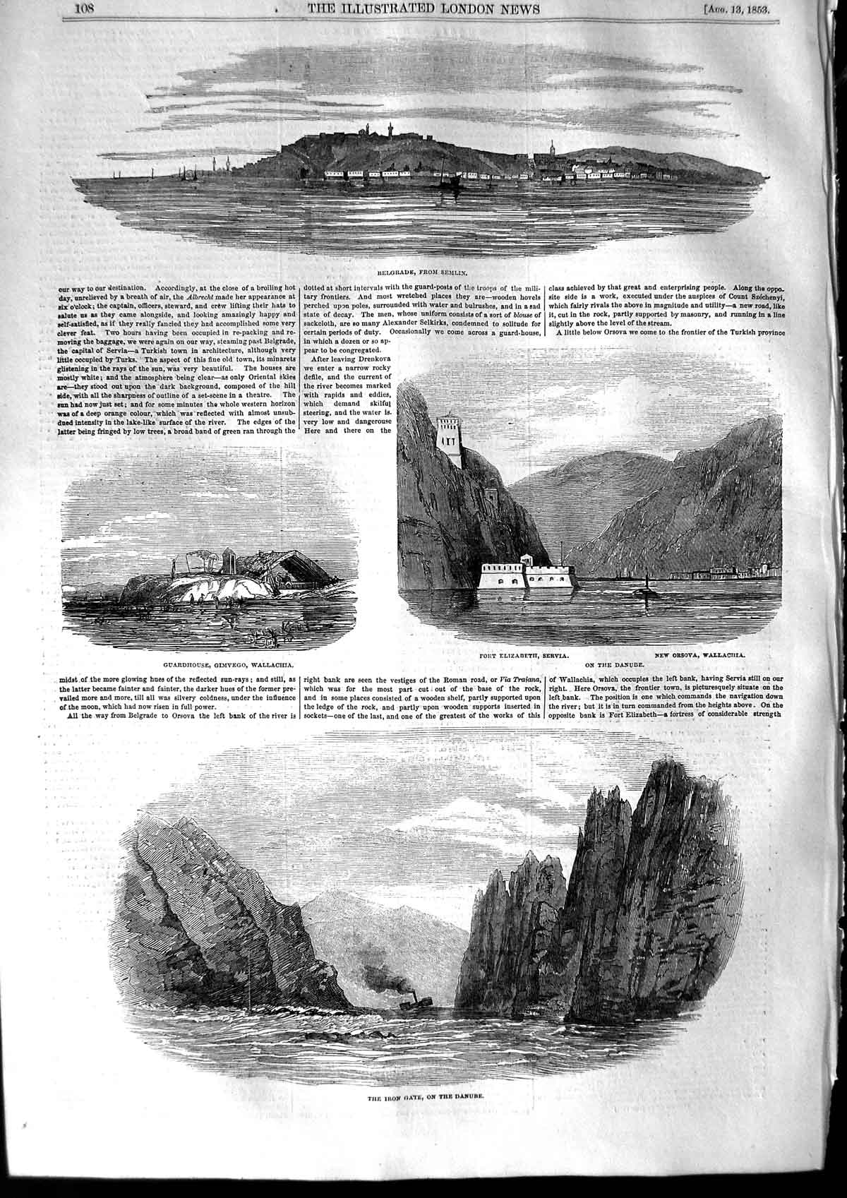 Old Antique Print 1853 View Belgrade Danube Fort Elizabeth Servia Sulina 19th