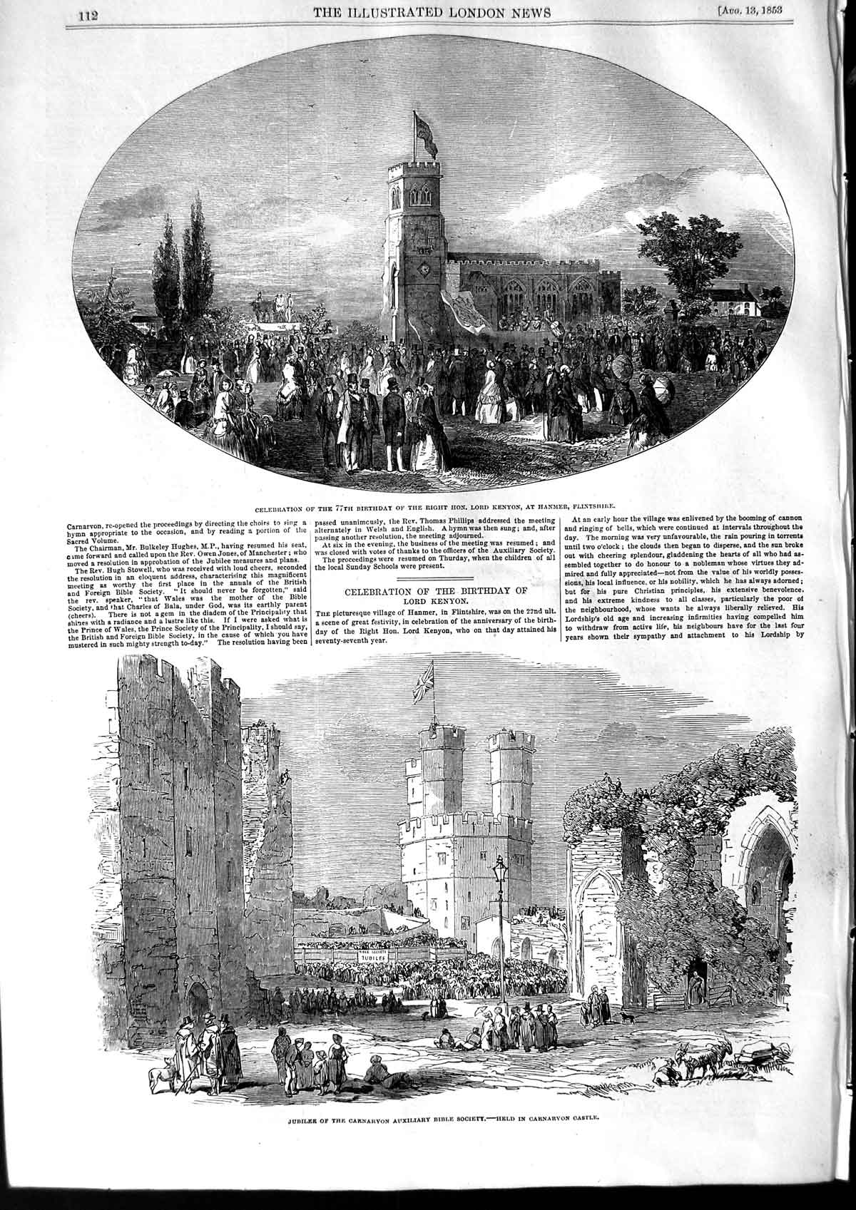Original Old Antique Print 1853 Lord Kenyon Flintshire Carnarvon Castle Bible