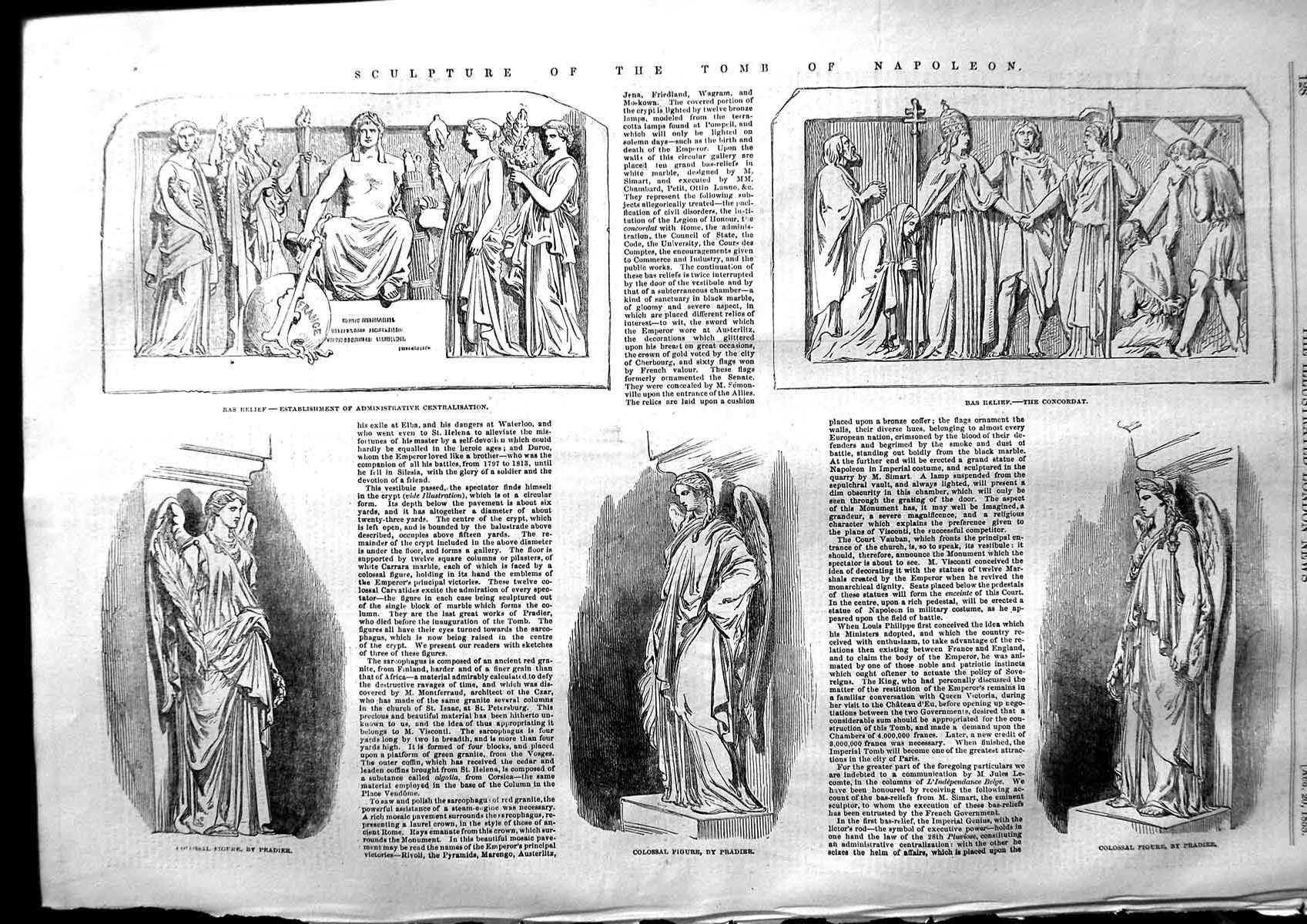 Old Antique Print 1853 Sculpture Tomb Napoleon Colossal Figure Bas Relief 19th