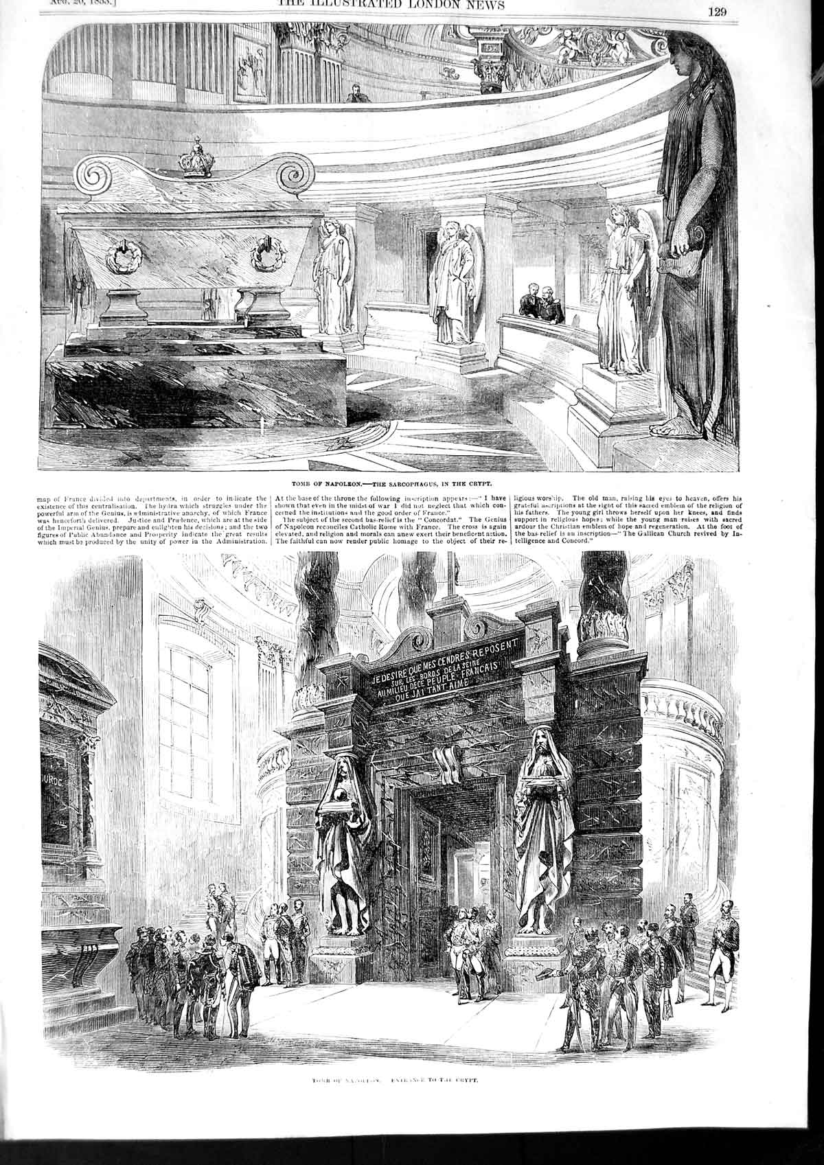 Original Old Antique Print 1853 Tomb Napoleon Sarcophagus Crypt Archaeology