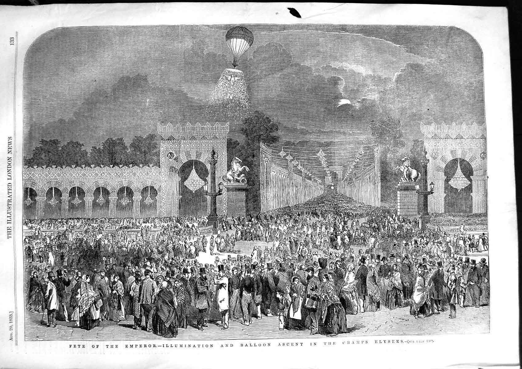 Old Antique Print 1853 Fete Emperor Balloon Ascent Champs Elysees France 19th