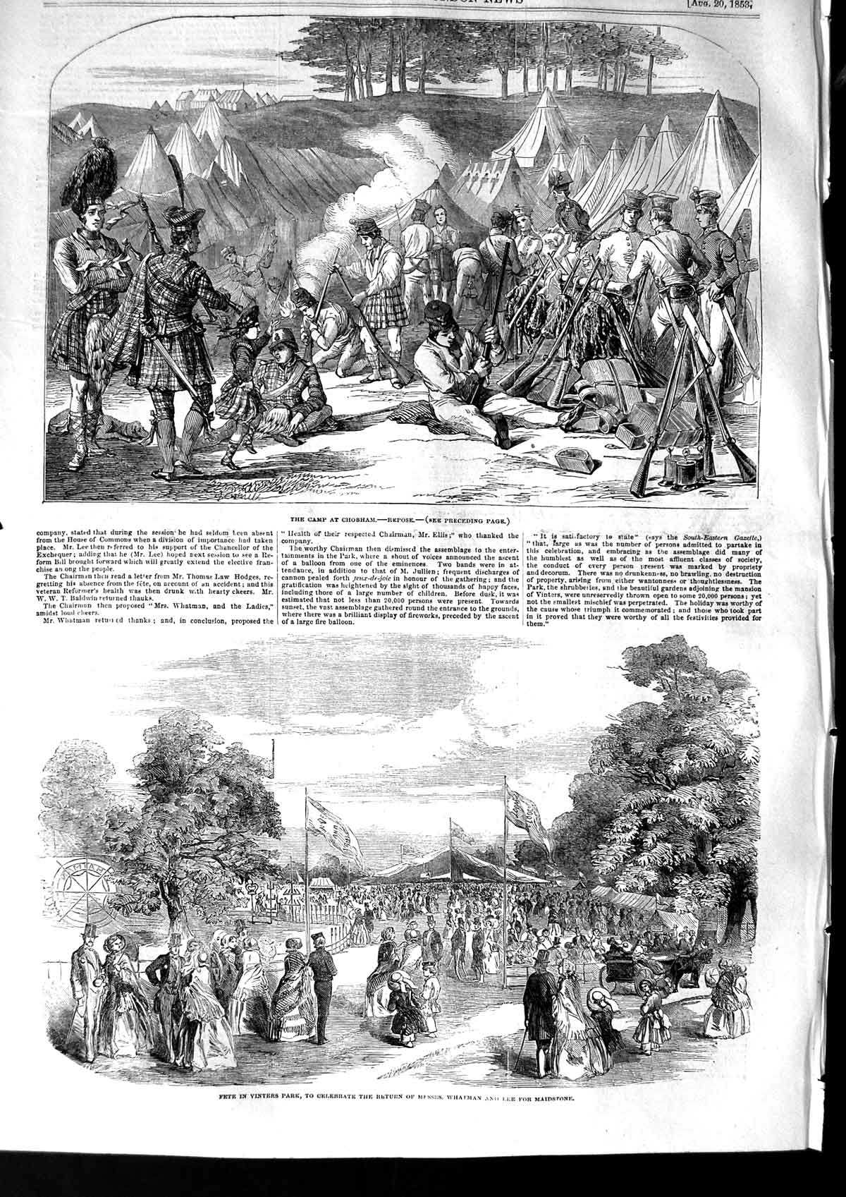 Original Old Antique Print 1853 Camp Chobam Vinters Whatman Lee Maidstone Siers
