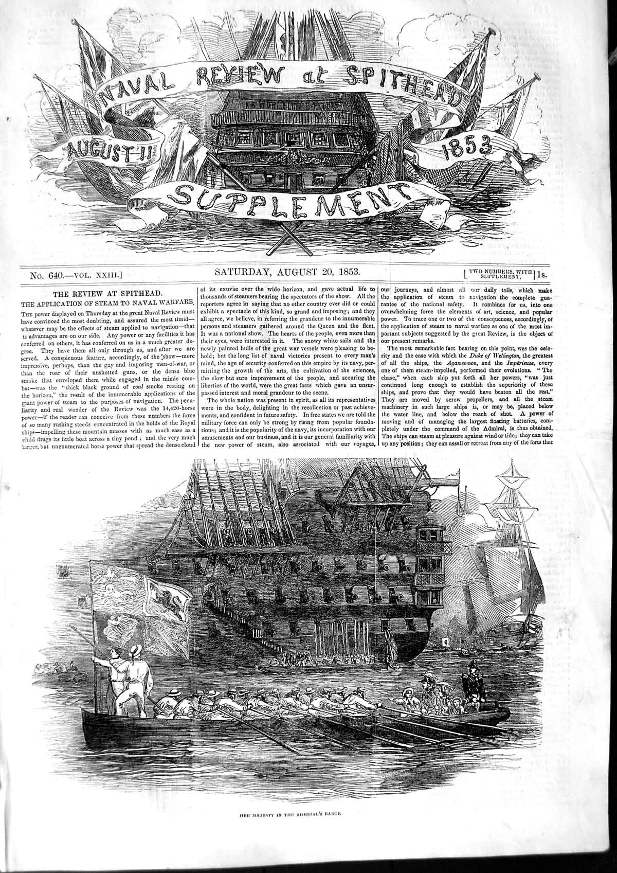 Original Old Antique Print 1853 Queen England Admiral Barge War Ship Boats 19th