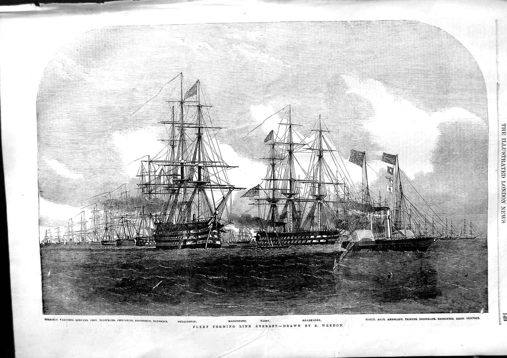 Old Antique Print 1853 Ships Terrible Valorous Wellington Fairy Encounter 19th