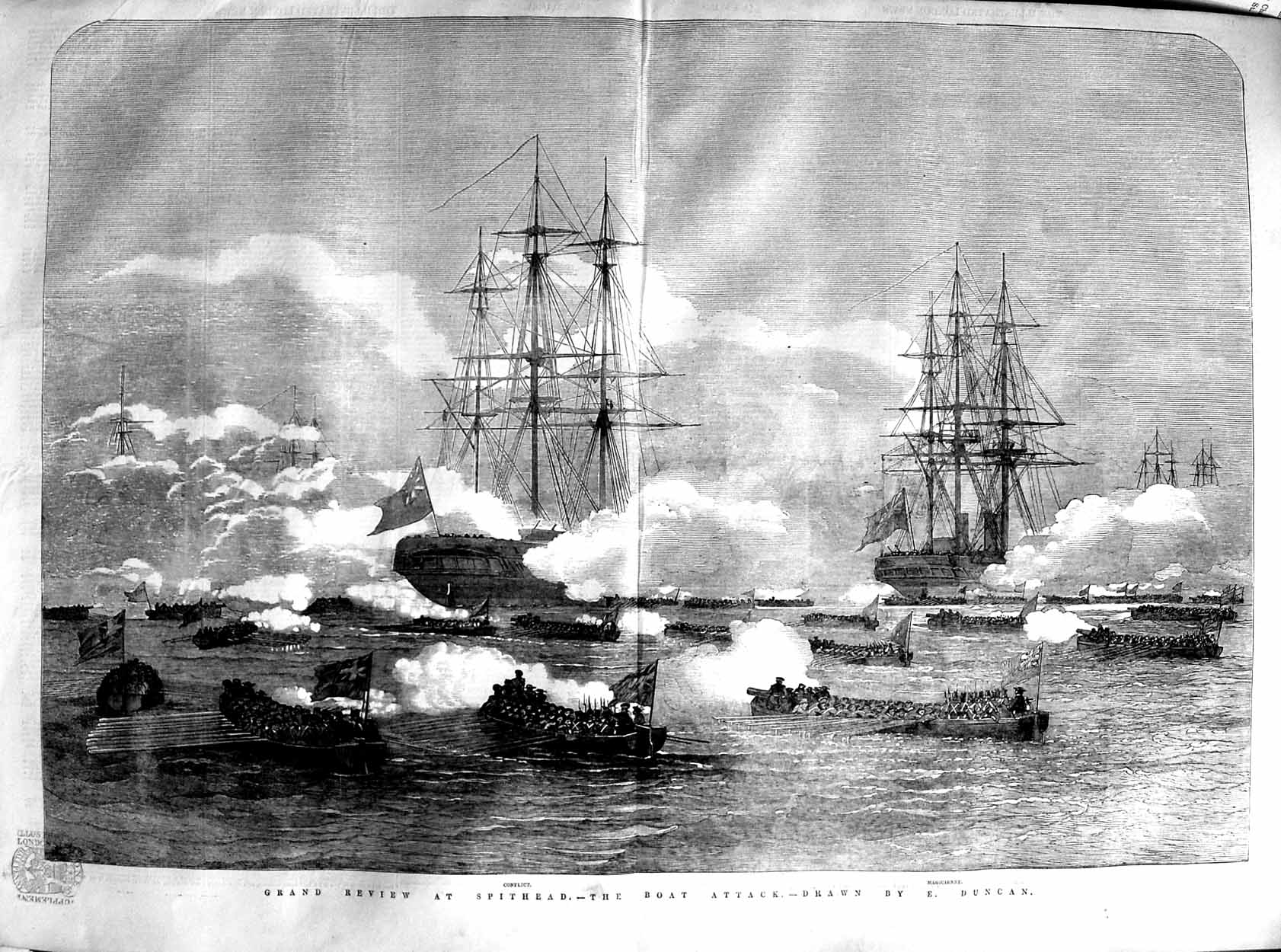 Old Antique Print 1853 Grand Review Spithead Ships Conflict Magicienne 19th