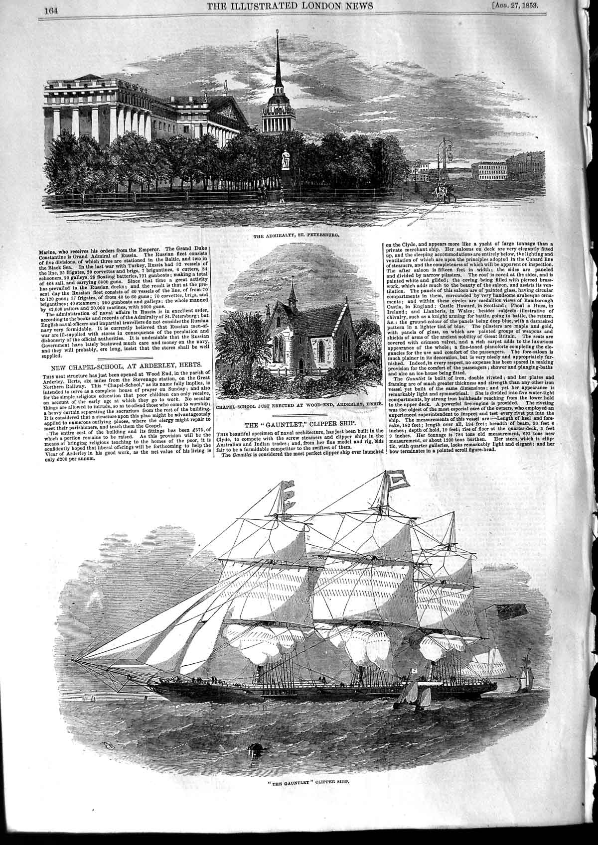 Old Antique Print 1853 Ship Gauntlet Admiralty Petersburg Arderley School 19th