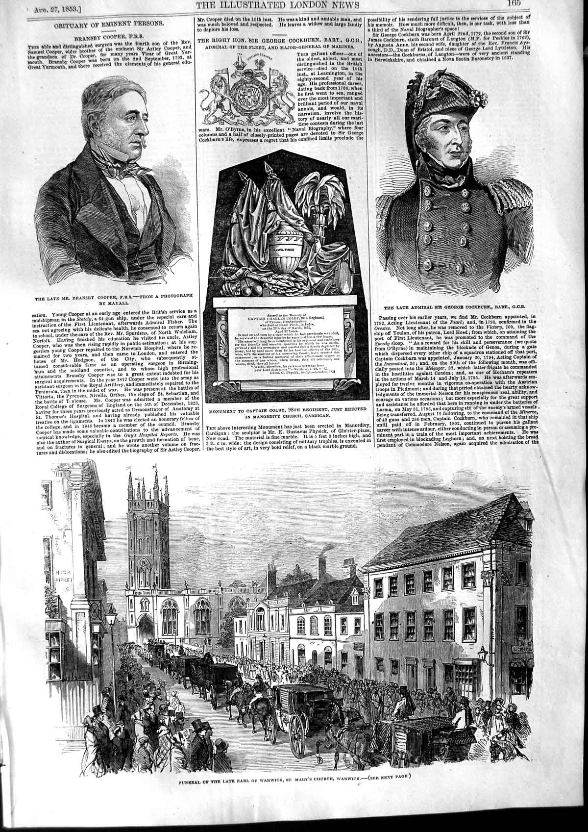 Original Old Antique Print 1853 Funeral Earl Warwick Admiral Cockburn Victorian
