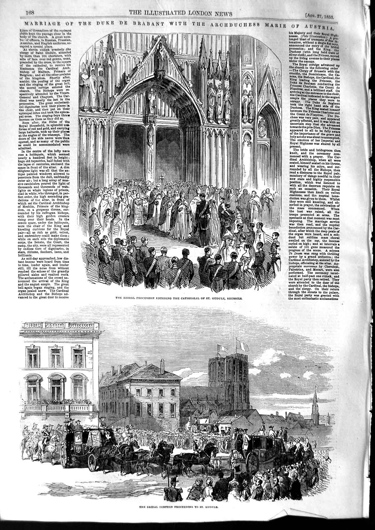 Original Old Antique Print 1853 Wedding Duke Brabant Cathedral Brussels Gudule