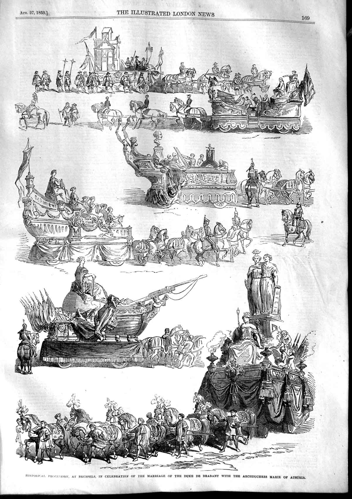 Old Antique Print 1853 Procession Brussels Marriage Duke Brabant Austria 19th
