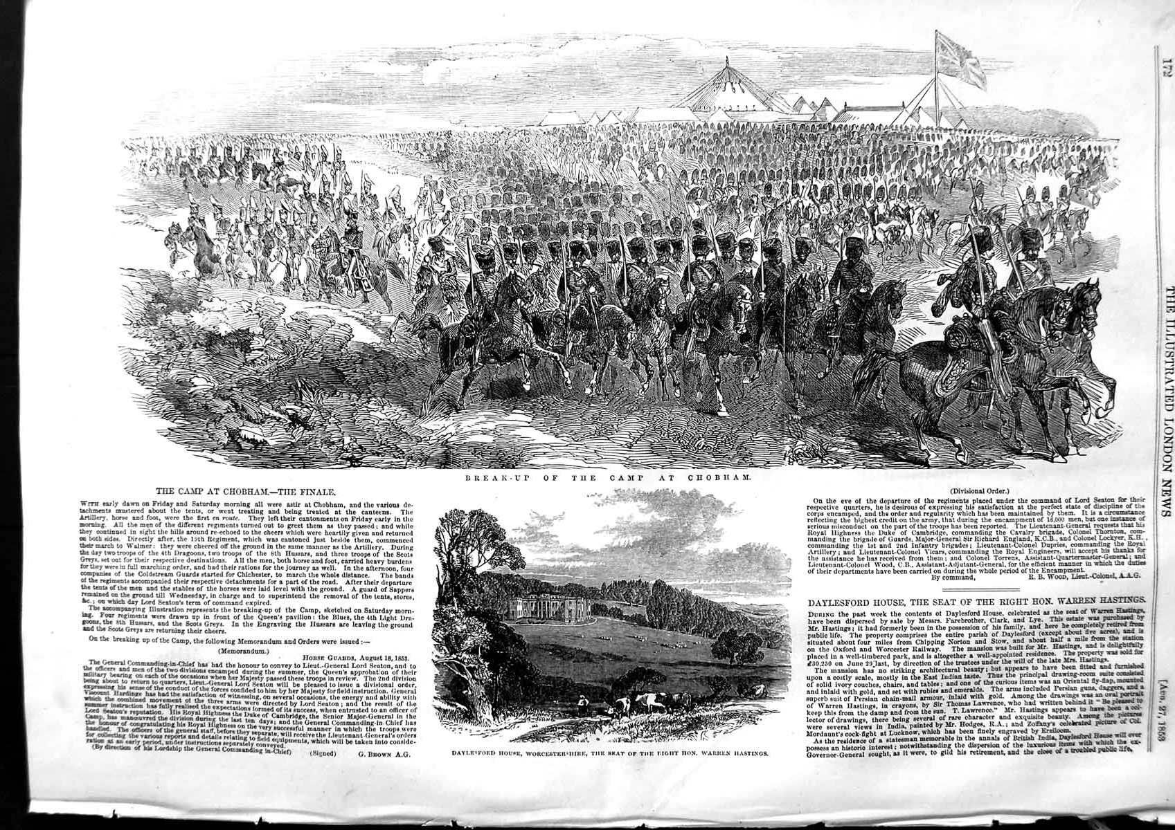 Original Old Antique Print 1853 Camp Siers Chobham Daylesford House Hastings