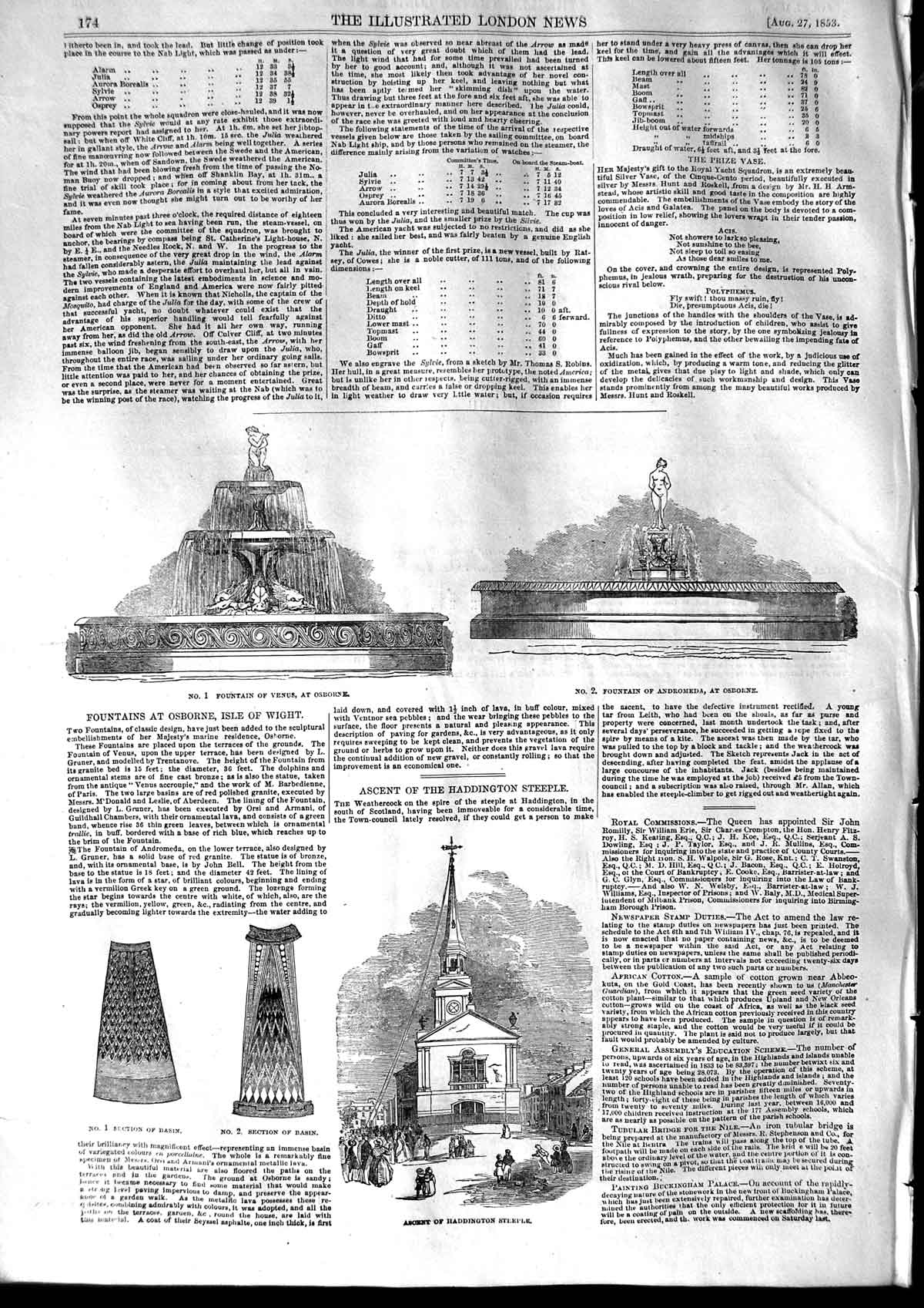 Original Old Antique Print 1853 Fountain Venus Osborne Haddington Steeple 19th