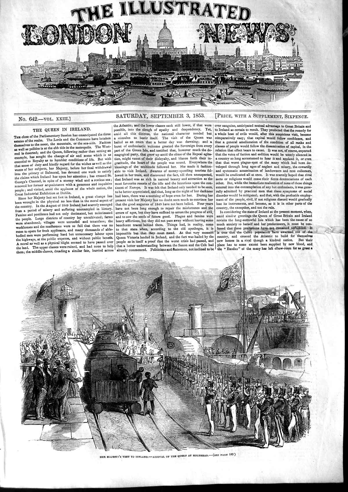 Original Old Antique Print 1853 Queen Ireland Holyhead Railway Station Train