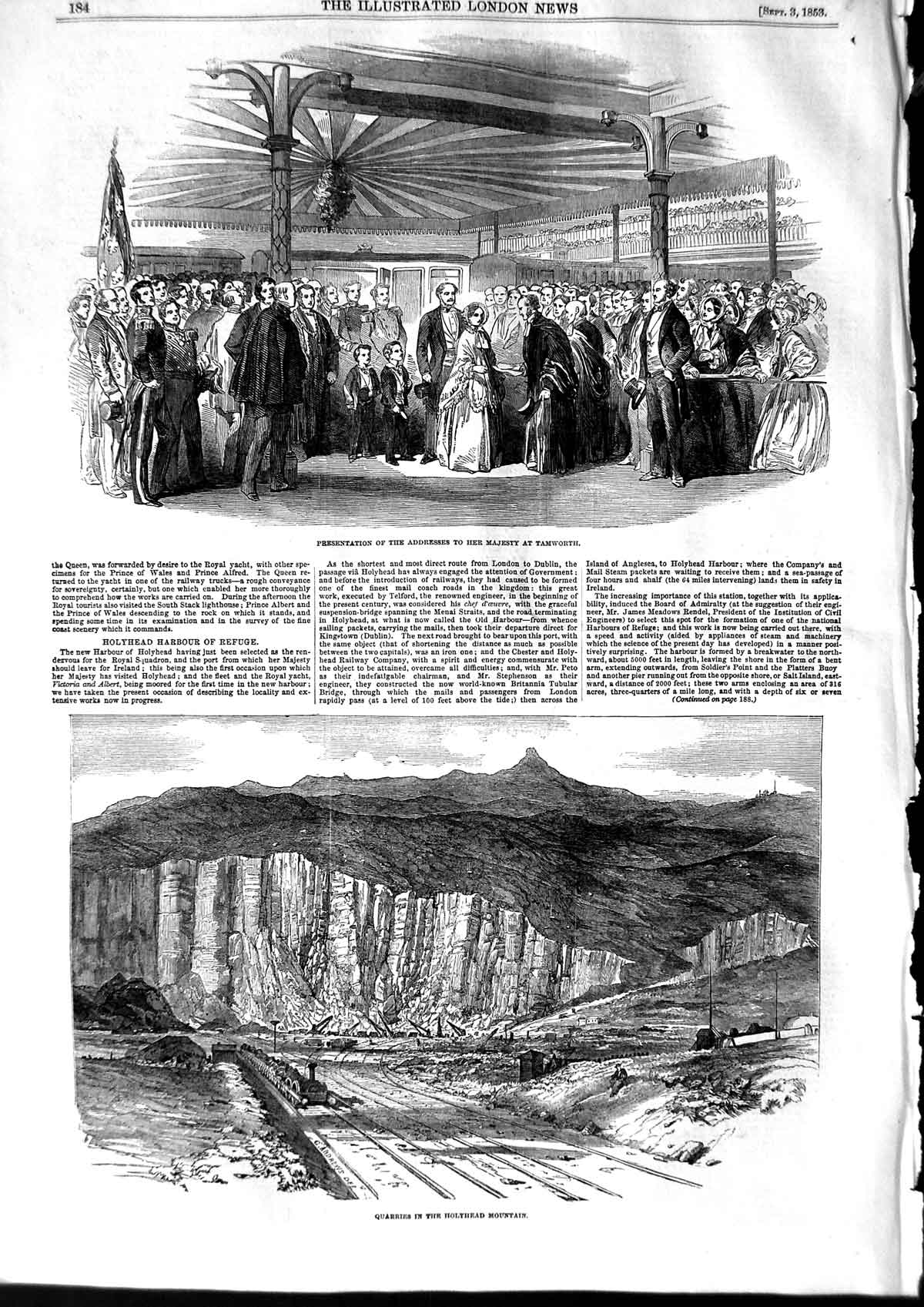 Original Old Antique Print 1853 Queen Tamworth Quarries Holyhead Mountain 19th