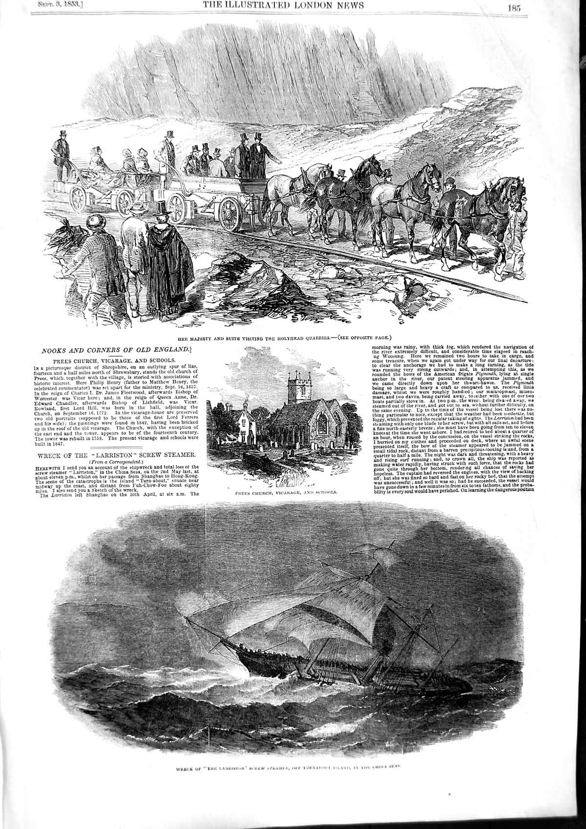 Old Antique Print 1853 Ship Wreck The Larriston Turnabout Island Holyhead 19th