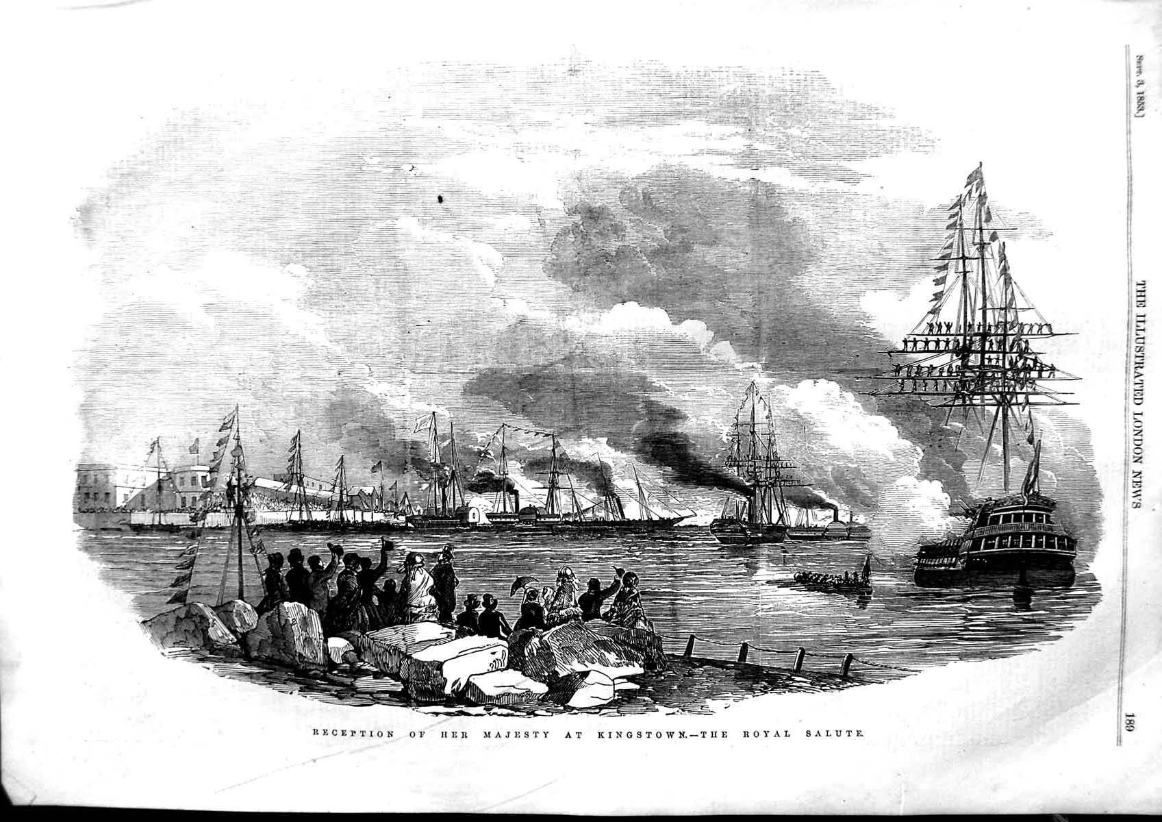 Original Old Antique Print 1853 Reception Majesty Queen Kingstown Ships Salute