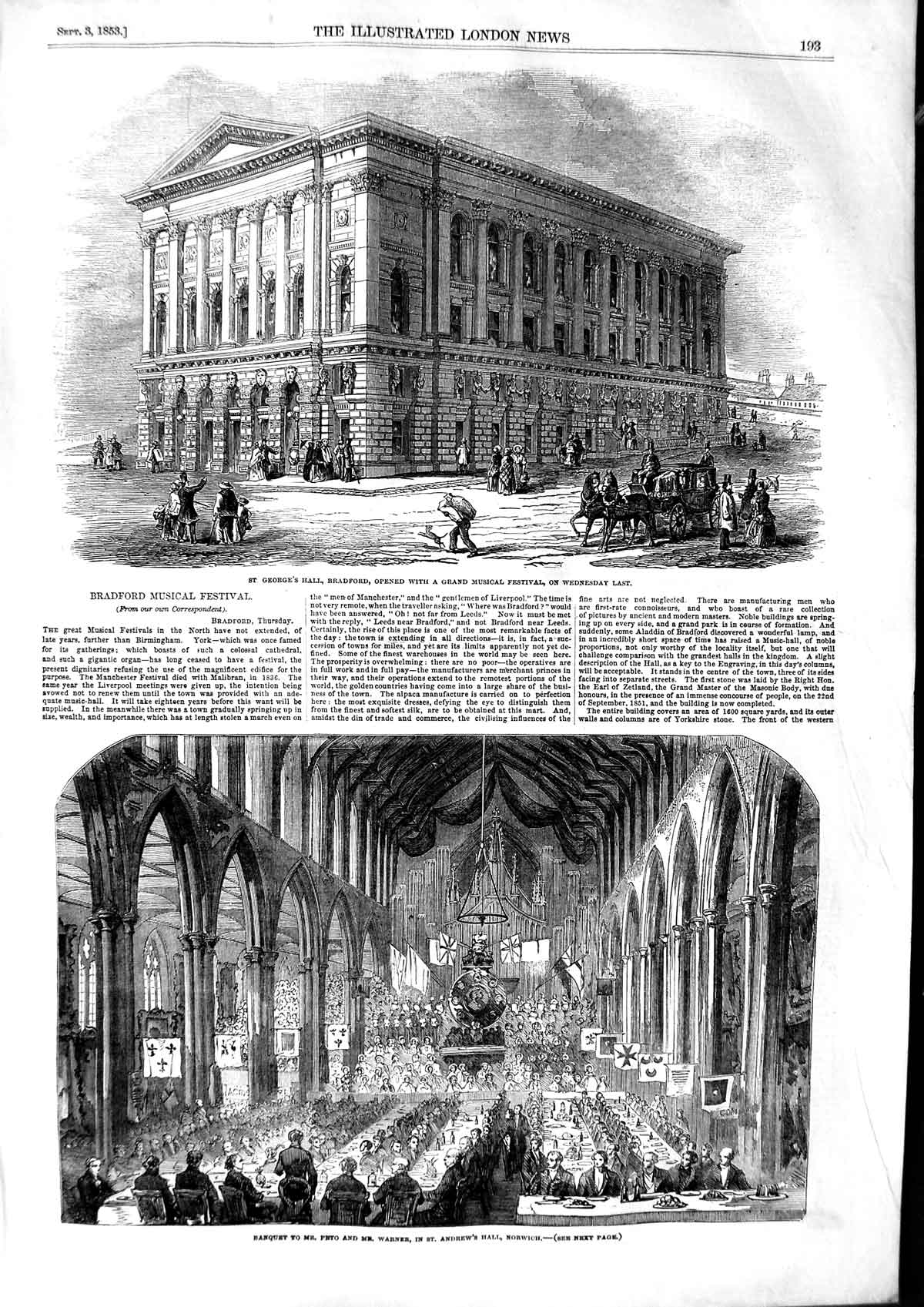 Original Old Antique Print 1853 George'S Bradford Festival Peto Warner Norwich