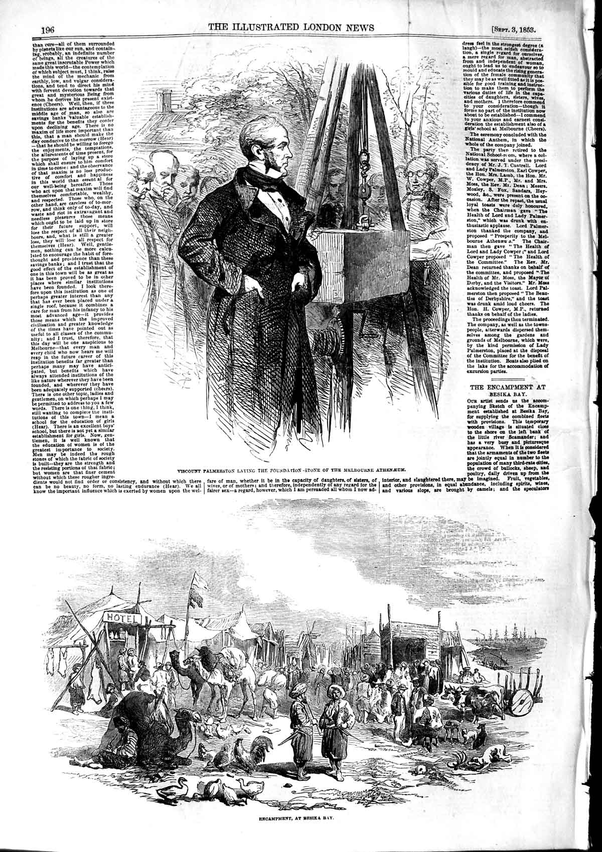 Original Old Antique Print 1853 Viscount Palmerston Melbourne Camp Besika Bay