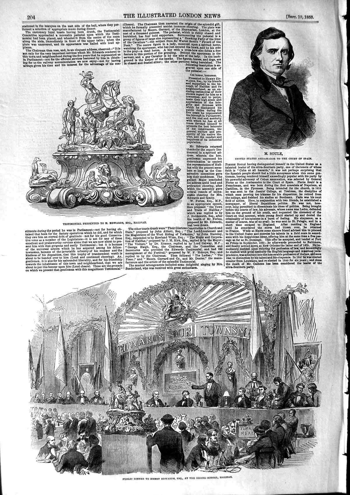 Original Old Antique Print 1853 Soule Dinner Edwards Riding School Halifax 19th