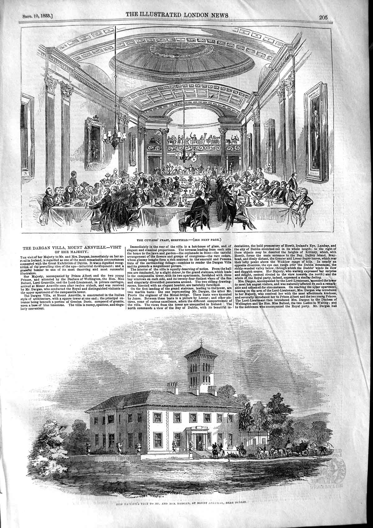 Original Old Antique Print 1853 Cutlers Feast Sheffield Dargan Villa Mount 19th